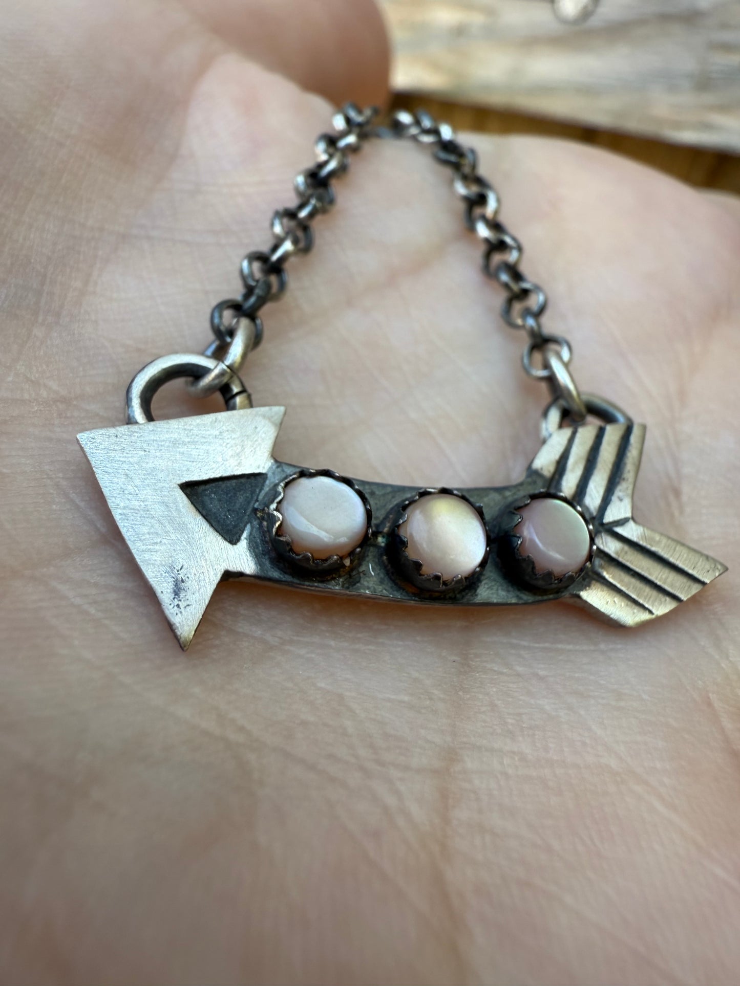 Navajo Mother Of Pearl Arrow Sterling Silver Necklace by Harold Tahe