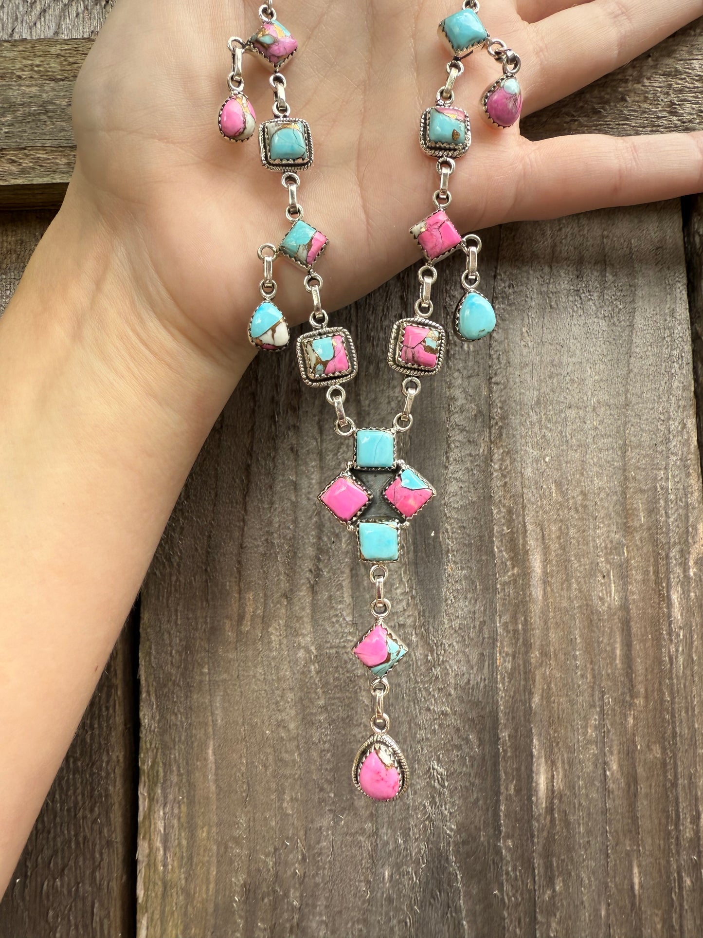 Cotton Candy Turquoise Statement Diamond Drop Lariat Sterling Silver Necklace