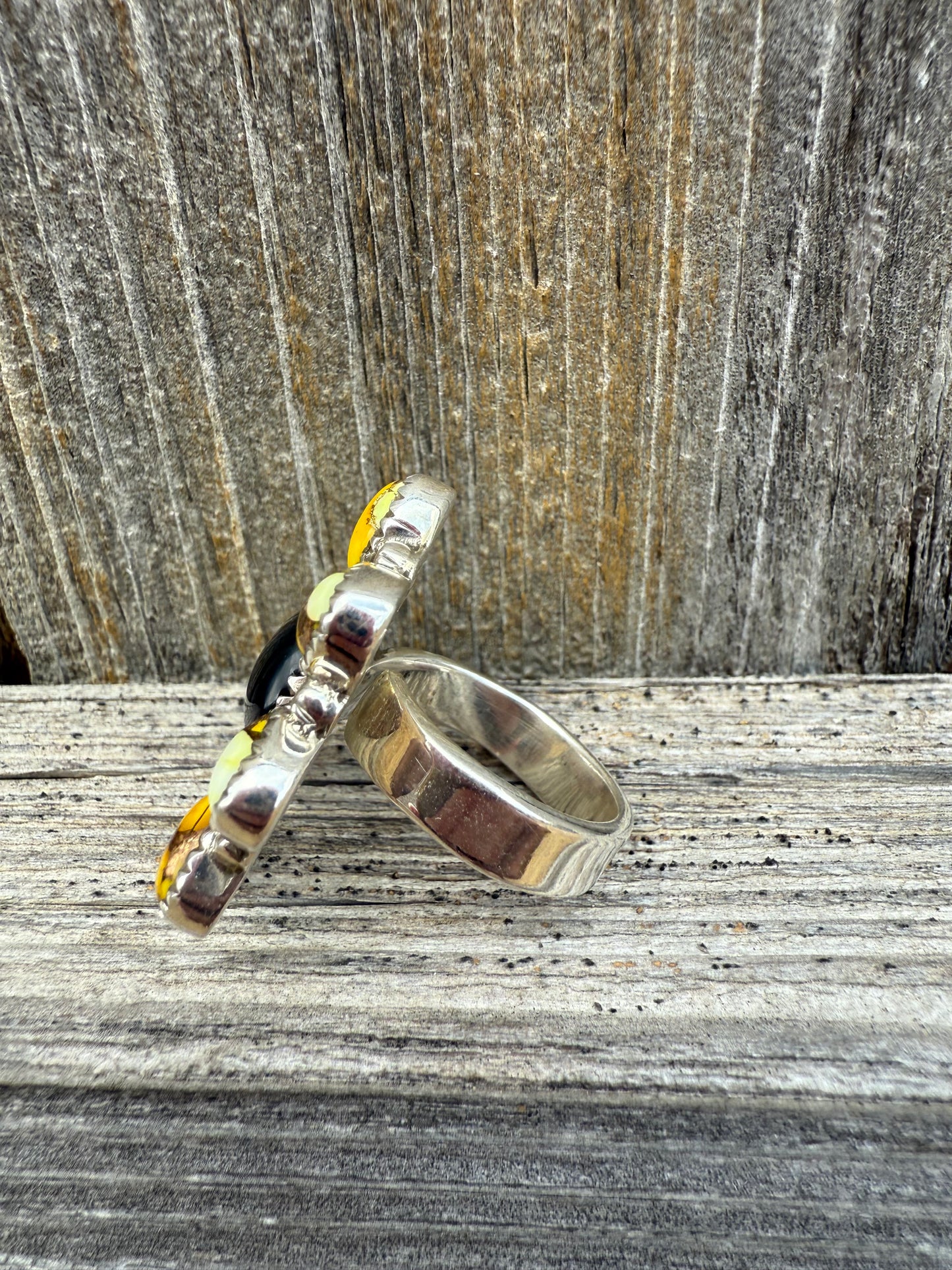 Honey Dahlia & Black Onyx Gemstone Sterling Silver Size 7 Adjustable Ring