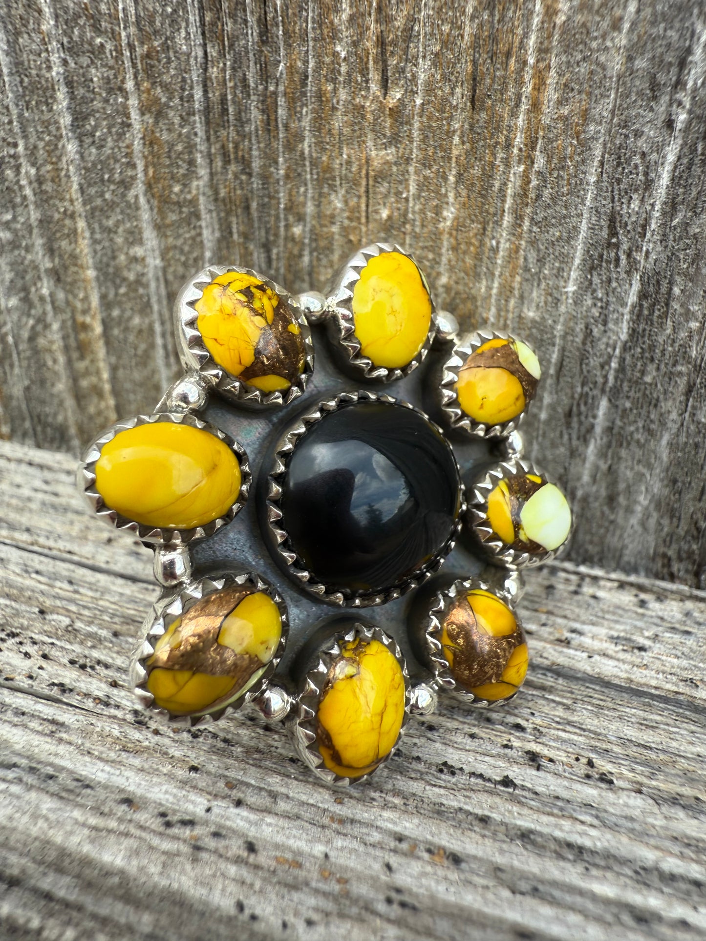 Honey Dahlia & Black Onyx Gemstone Sterling Silver Size 7 Adjustable Ring