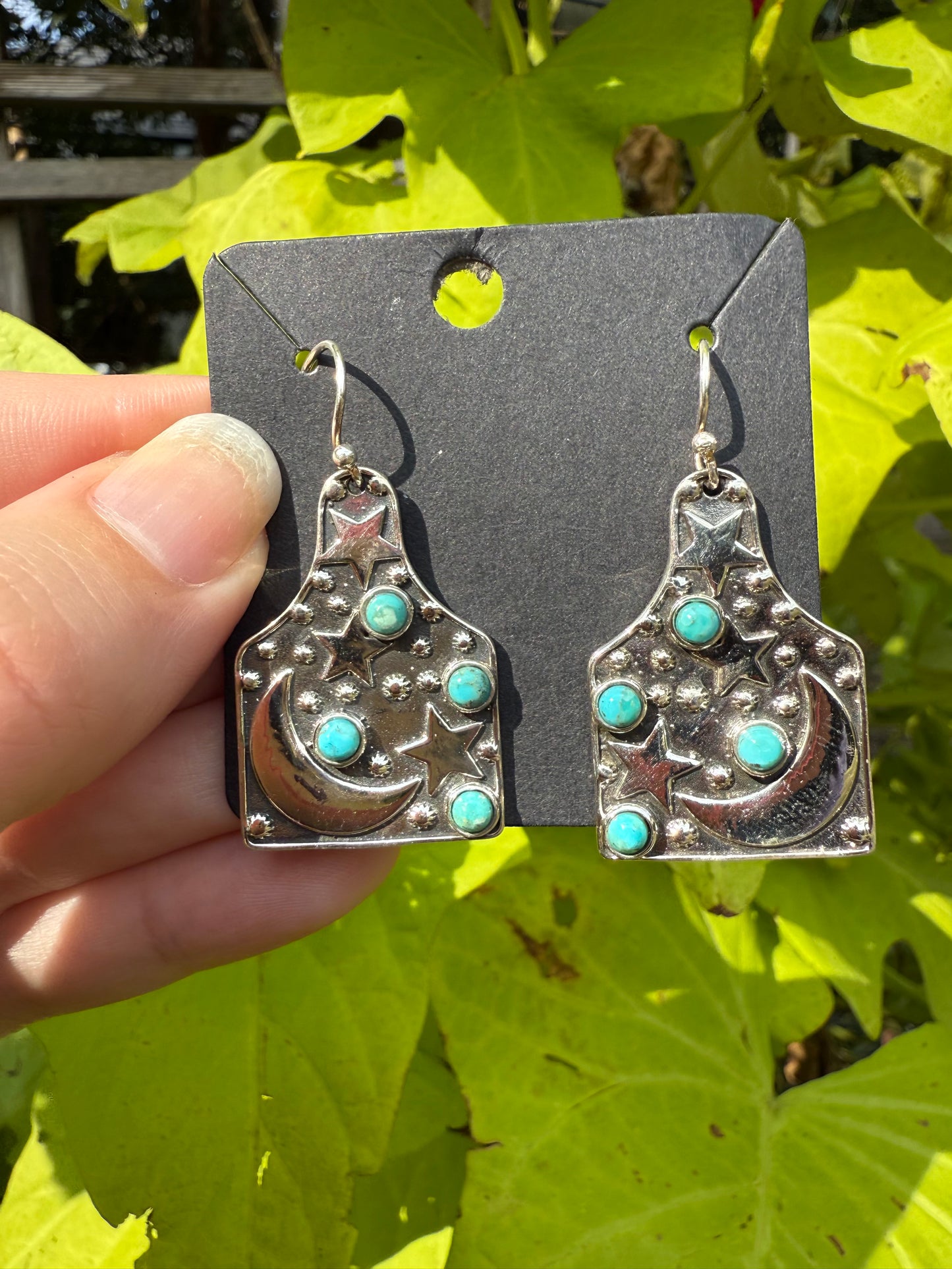 Turquoise Star and and Moon Tag Style Sterling Silver Earrings