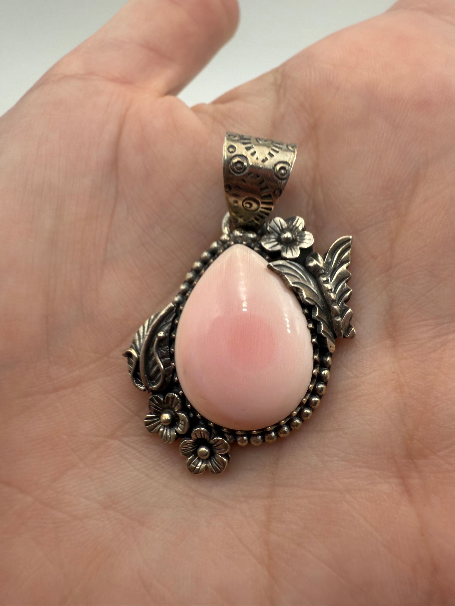 Pink Conch Butterfly and Flower Accent Sterling Silver Tear Drop Pendant