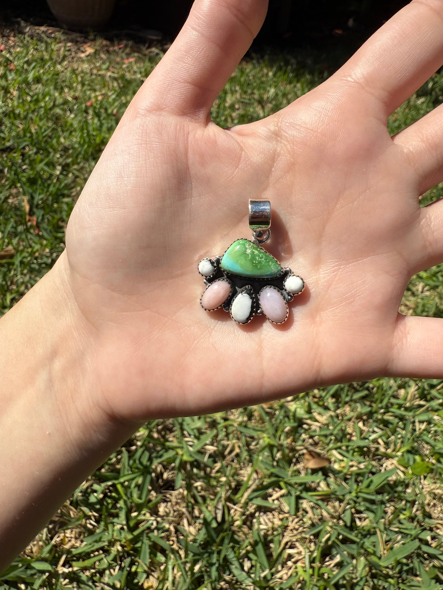 Sonoran Gold Turquoise, White Buffalo, Pink Opal Sterling Silver Pendant