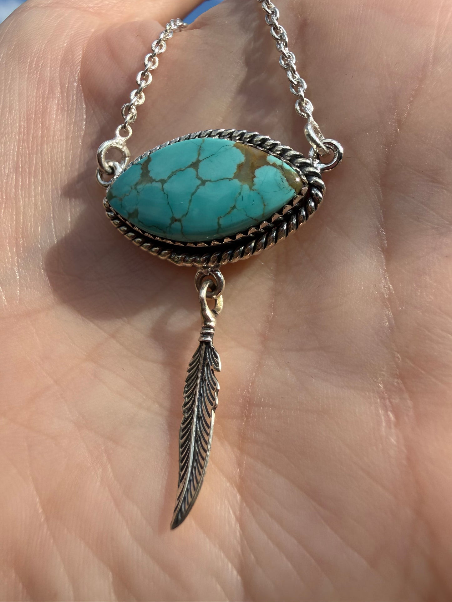 Mine 8 Turquoise With Feather Sterling Silver Necklace