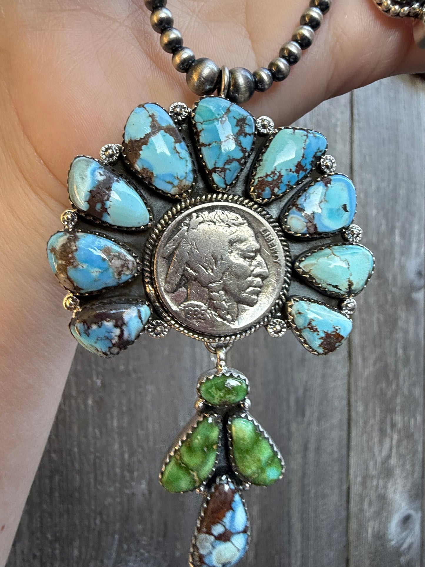 Liberty Coin Golden Hills and Sonoran Gold TurquoiseStatement Sterling Silver Necklace