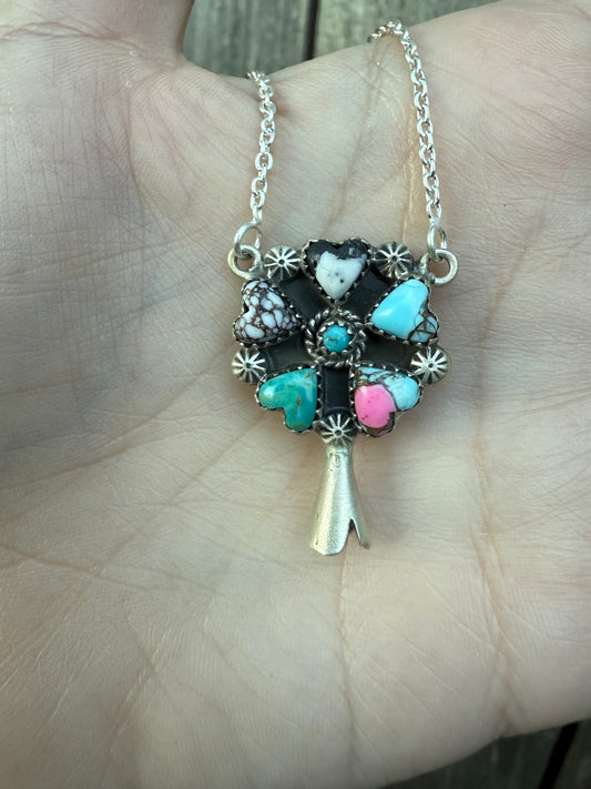 Multi Stone Heart Squash Blossom Horn Sterling Silver Necklace