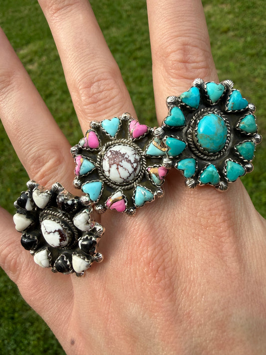 Kingman Turquoise, Cotton Candy and White Buffalo Wild Horse Heart Adjustable Ring