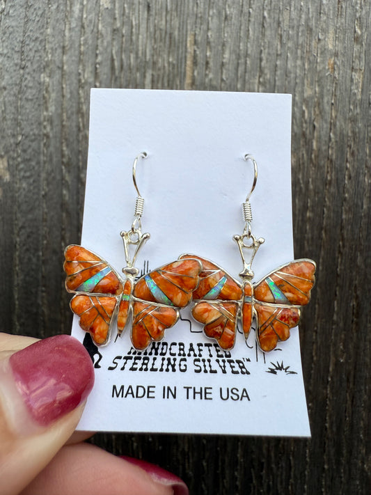 Orange Spiny and Opal Inlay Butterfly Sterling Silver Earrings