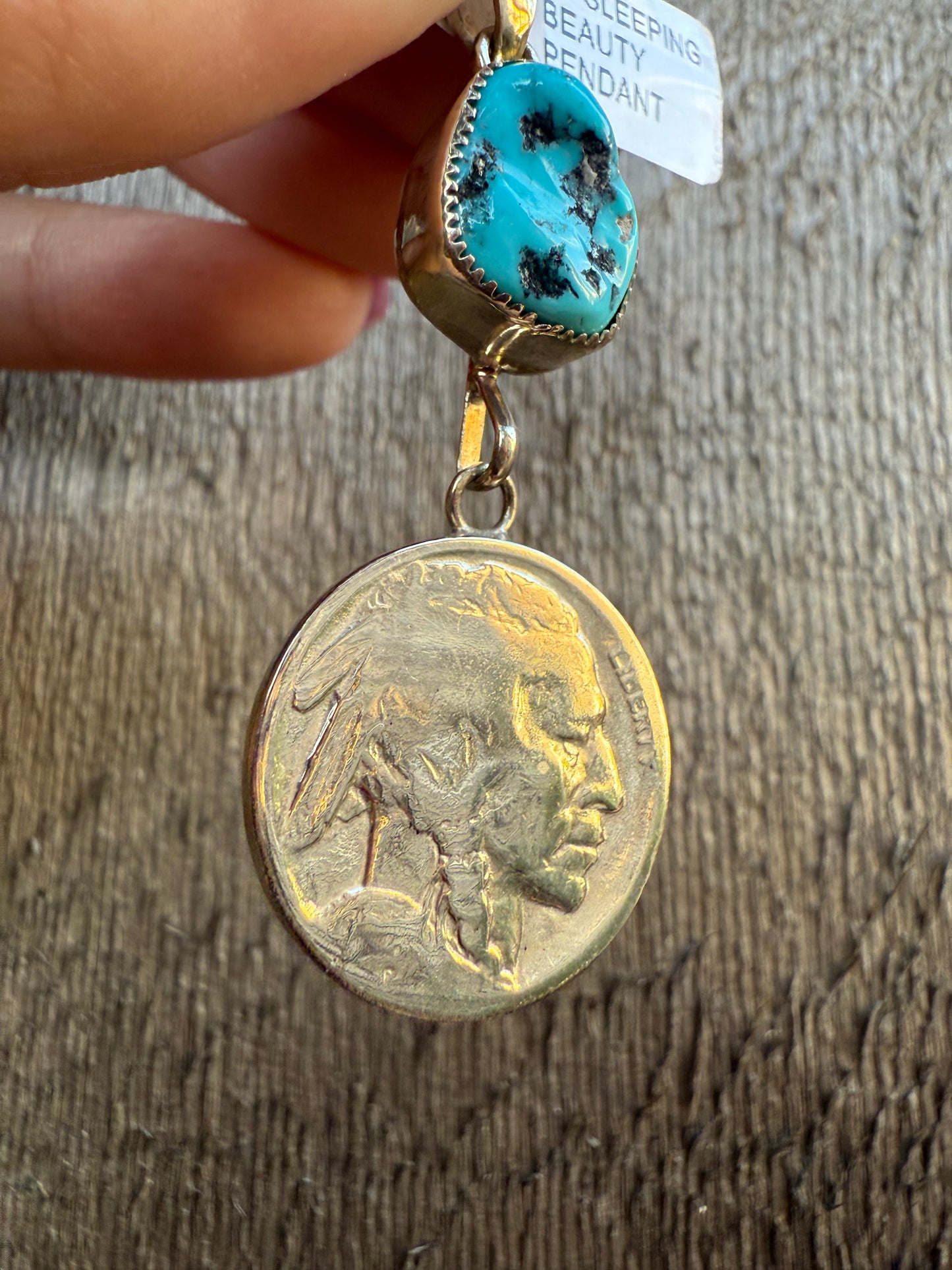Navajo Sleeping Beauty Buffalo Nickel Pendant by Jerome Lee Sterling Silver 925