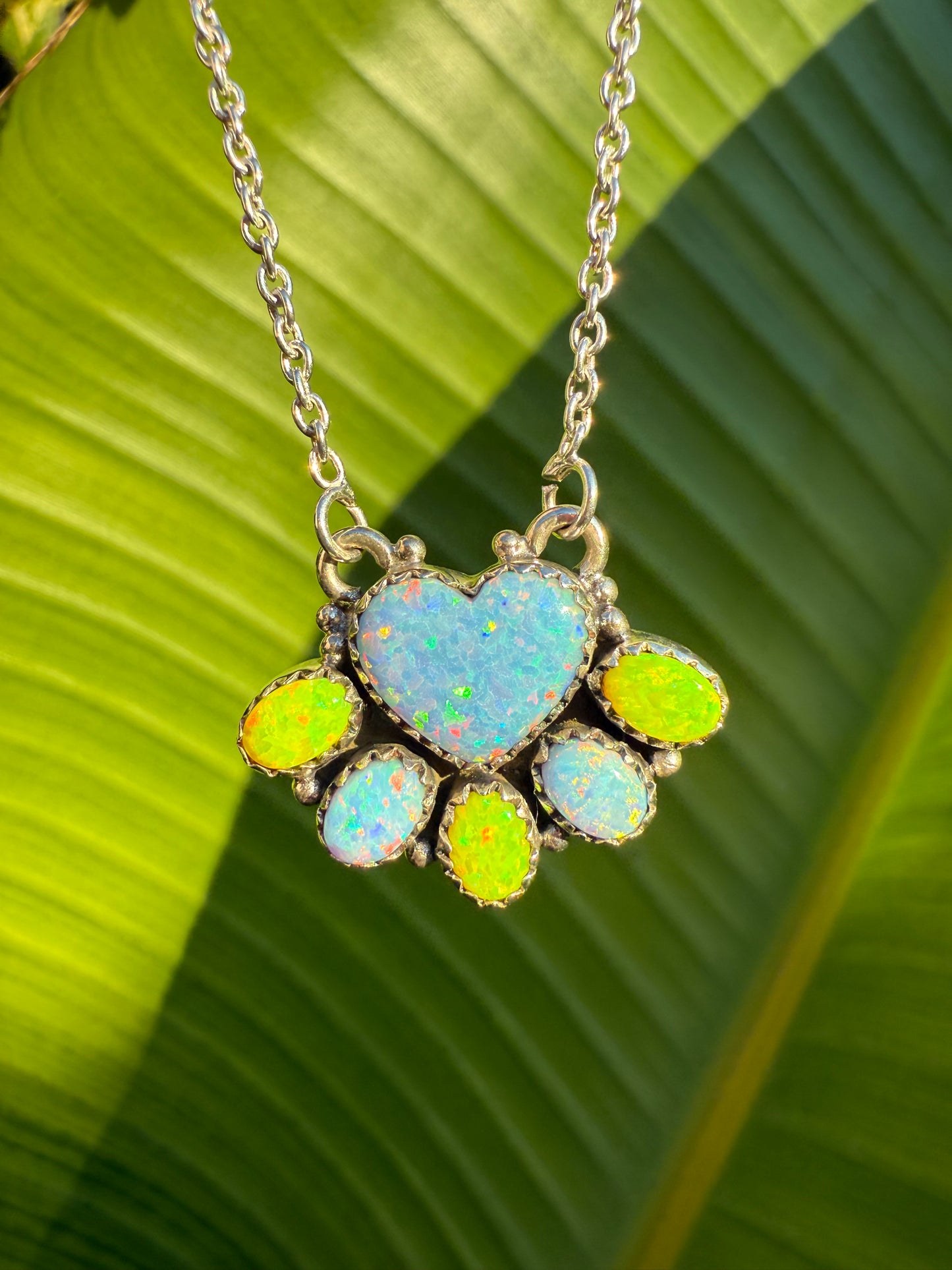 Neon Yellow Balloon Opal Heart Pendant Necklace with 925 Sterling Silver