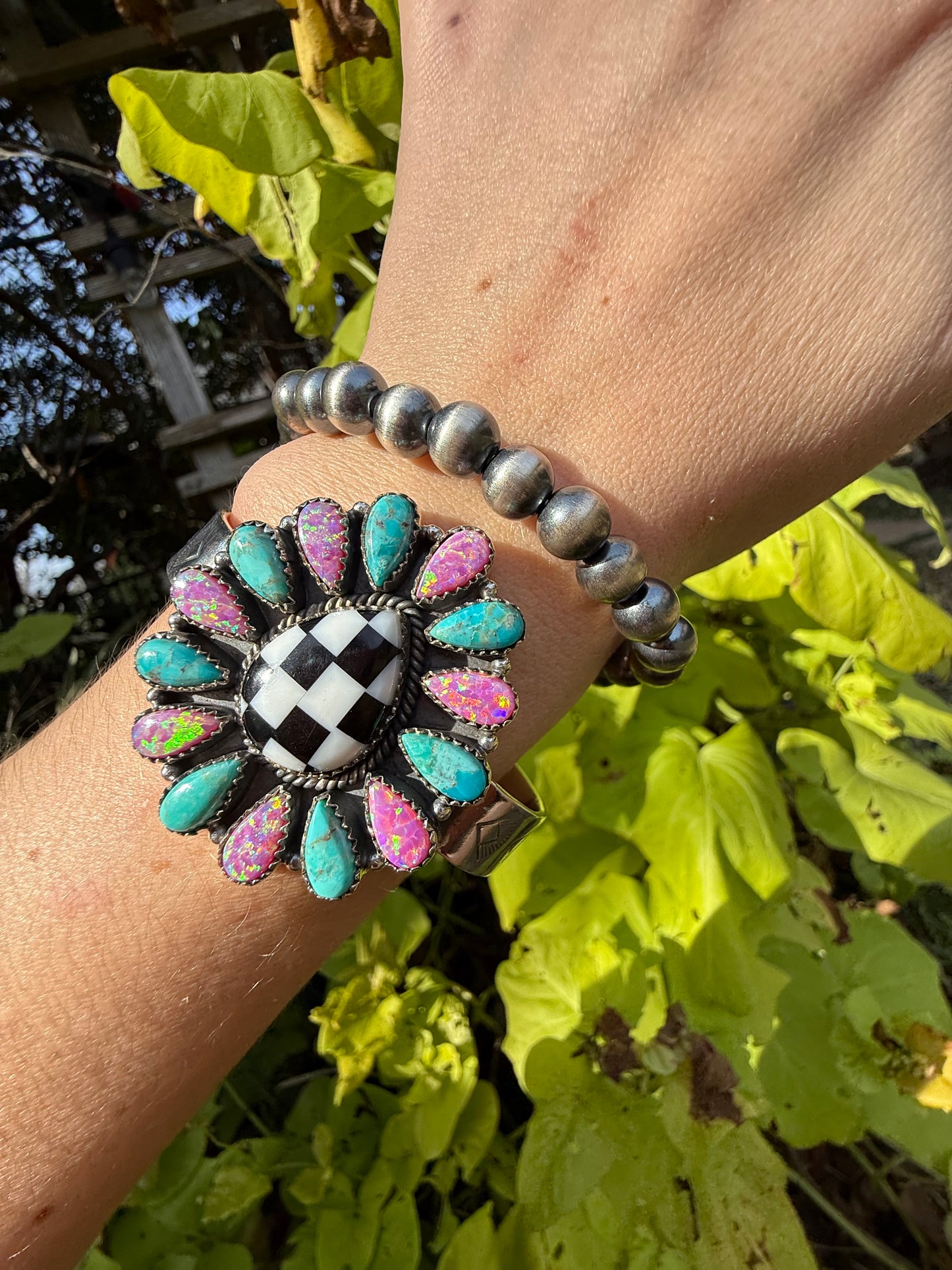 Checkered Pink and Blue Balloon Opal Statement Sterling Silver Cuff