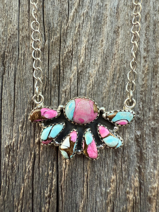 Cotton Candy Turquoise Half Flower Necklace 925 Sterling Silver