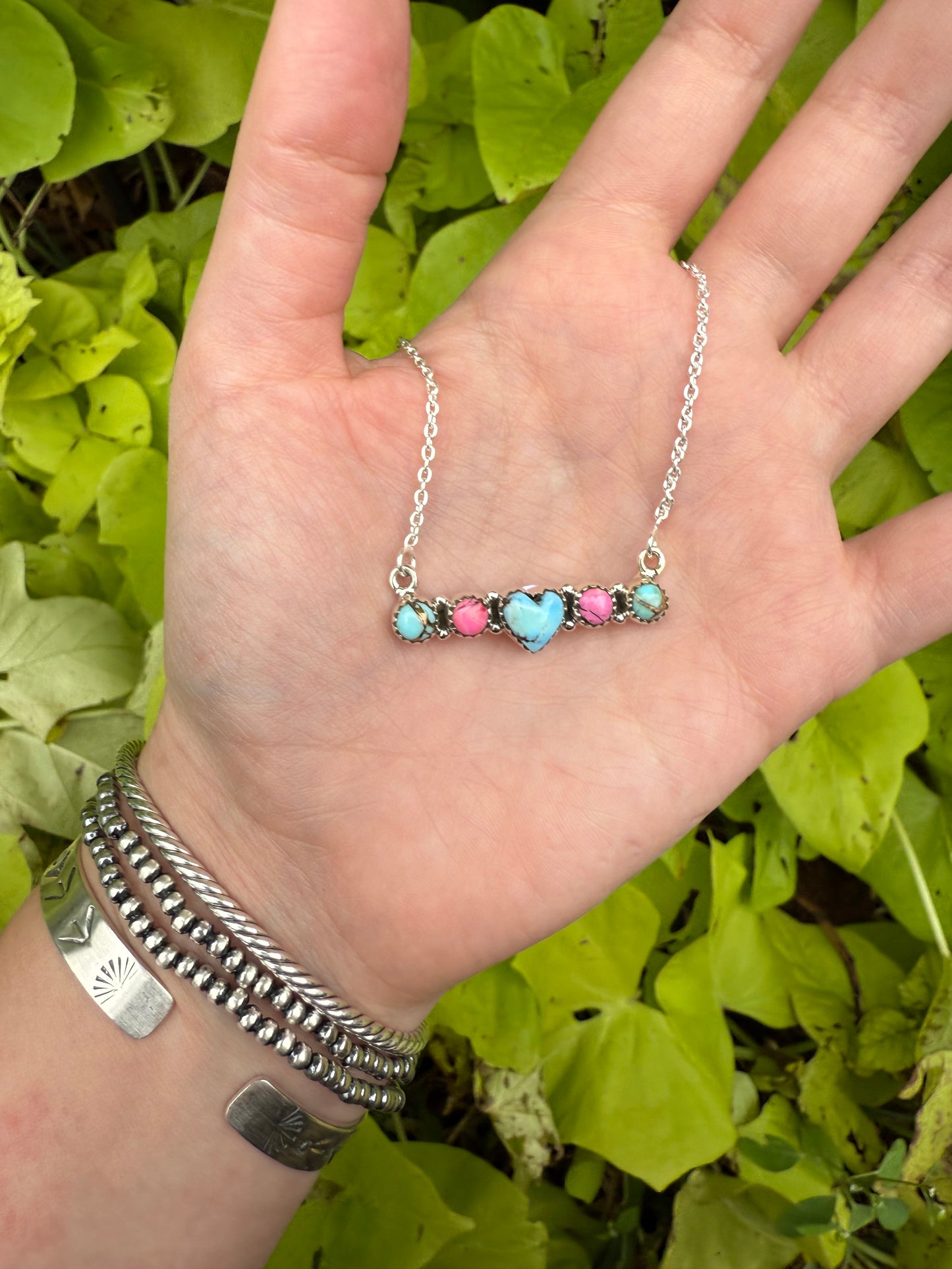 Cotton Candy And Golden Hills TurquoiseHeart Sterling Silver Bar Necklace