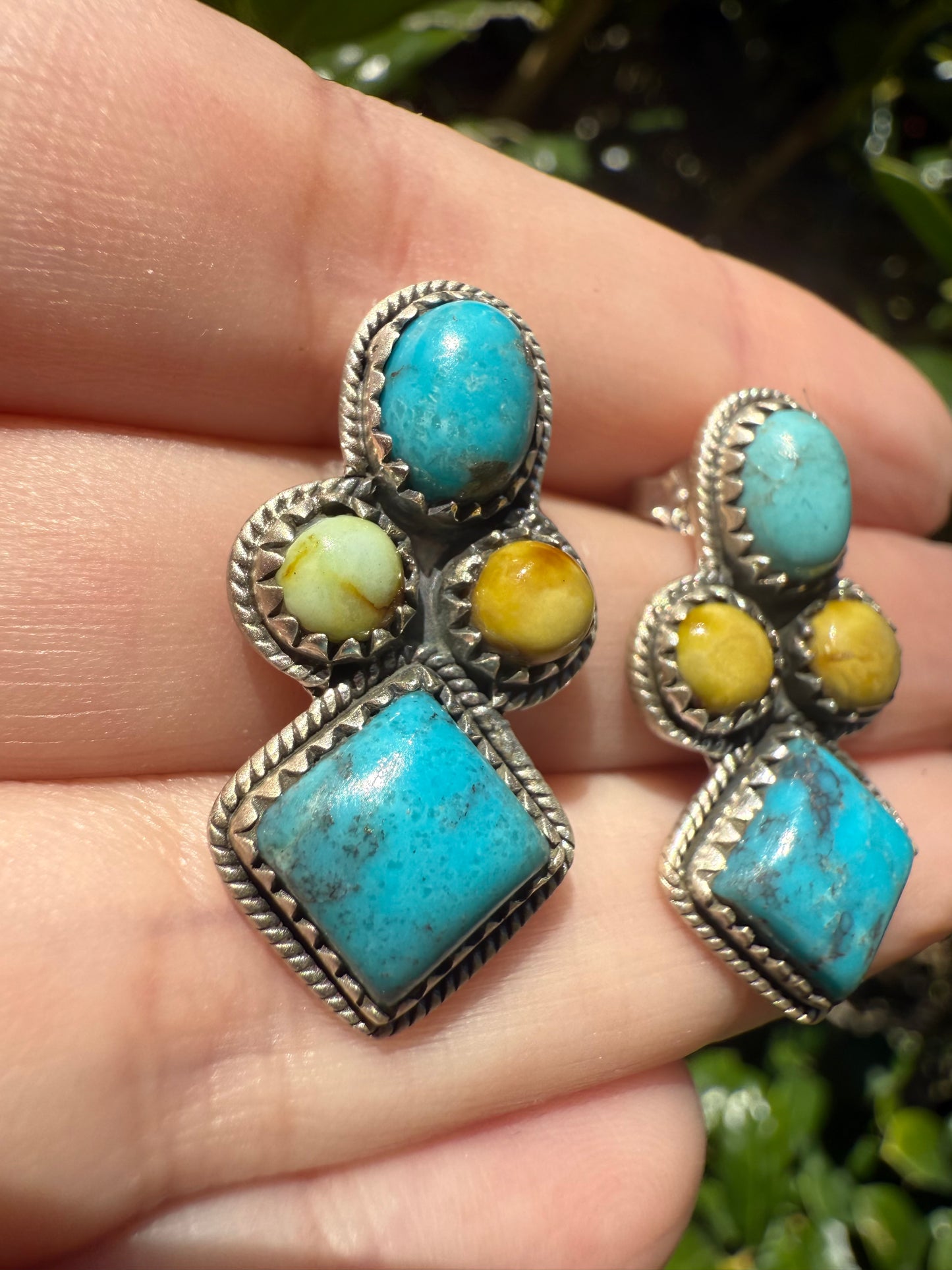 Palomino and Kingman Turquoise Sterling Silver Cluster Diamond Earrings