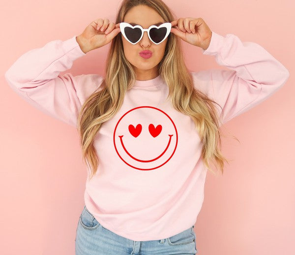 Smiley Face Heart Eyes Cozy Crew Neck Sweatshirt