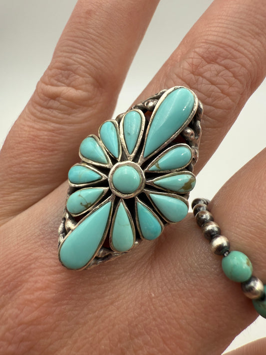 Inlayed Turquoise Statement Flower Sterling Silver Ring - Size 7 Adjustable
