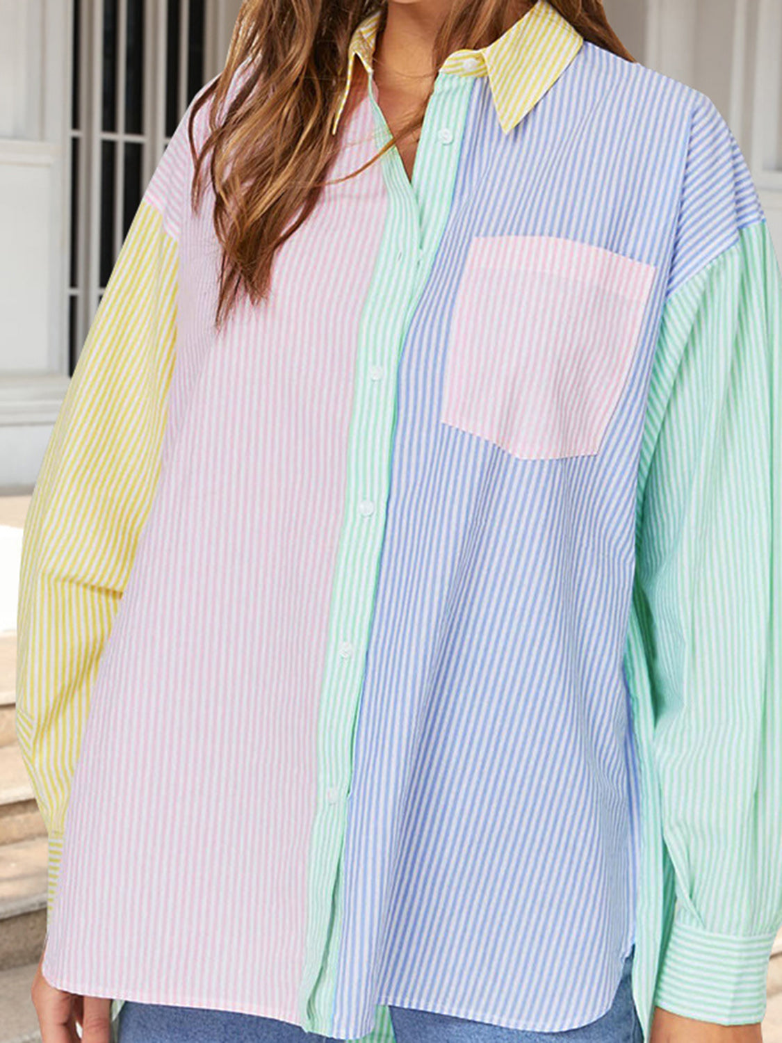 Pocketed Color Block Long Sleeve Shirt