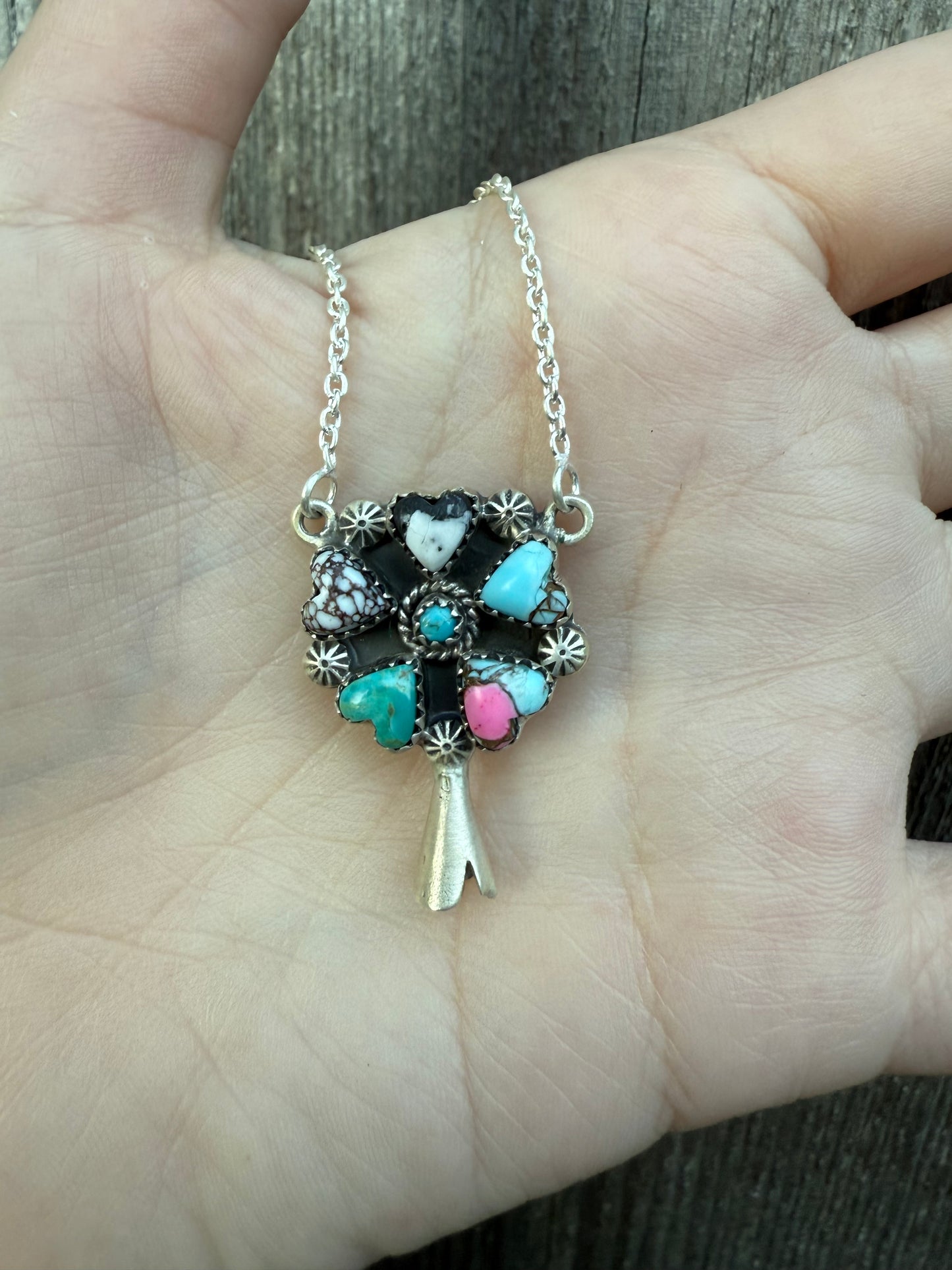 Multi Stone Heart Squash Blossom Horn Sterling Silver Necklace