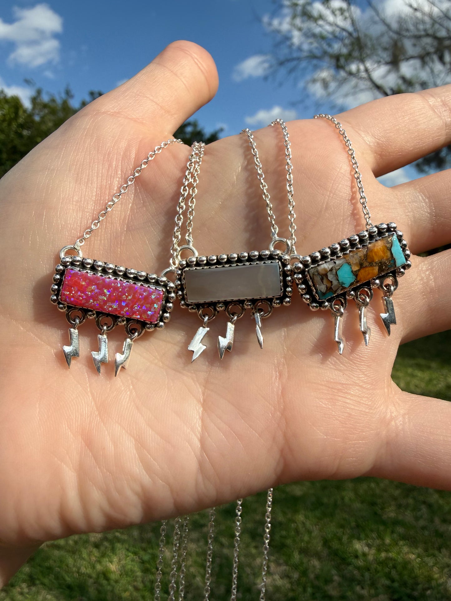 Lightening Bolt Triple Dangle Bar Sterling Silver Gemstone Necklace