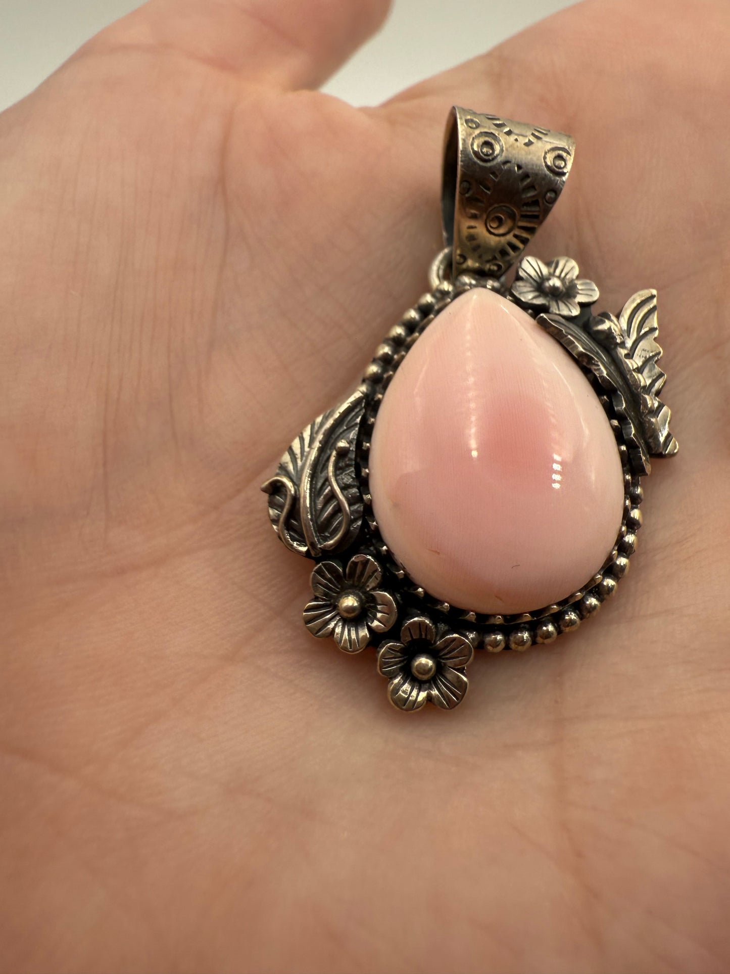 Pink Conch Butterfly and Flower Accent Sterling Silver Tear Drop Pendant