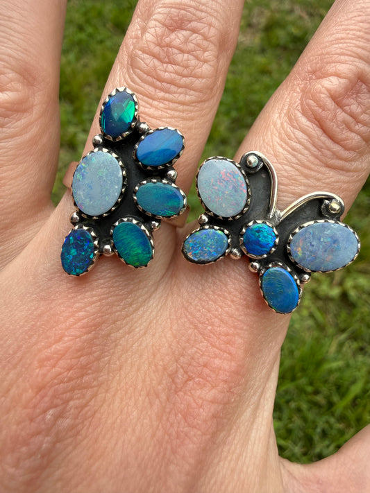 Australian Opal Cute Cluster Sterling Silver Adjustable Rings