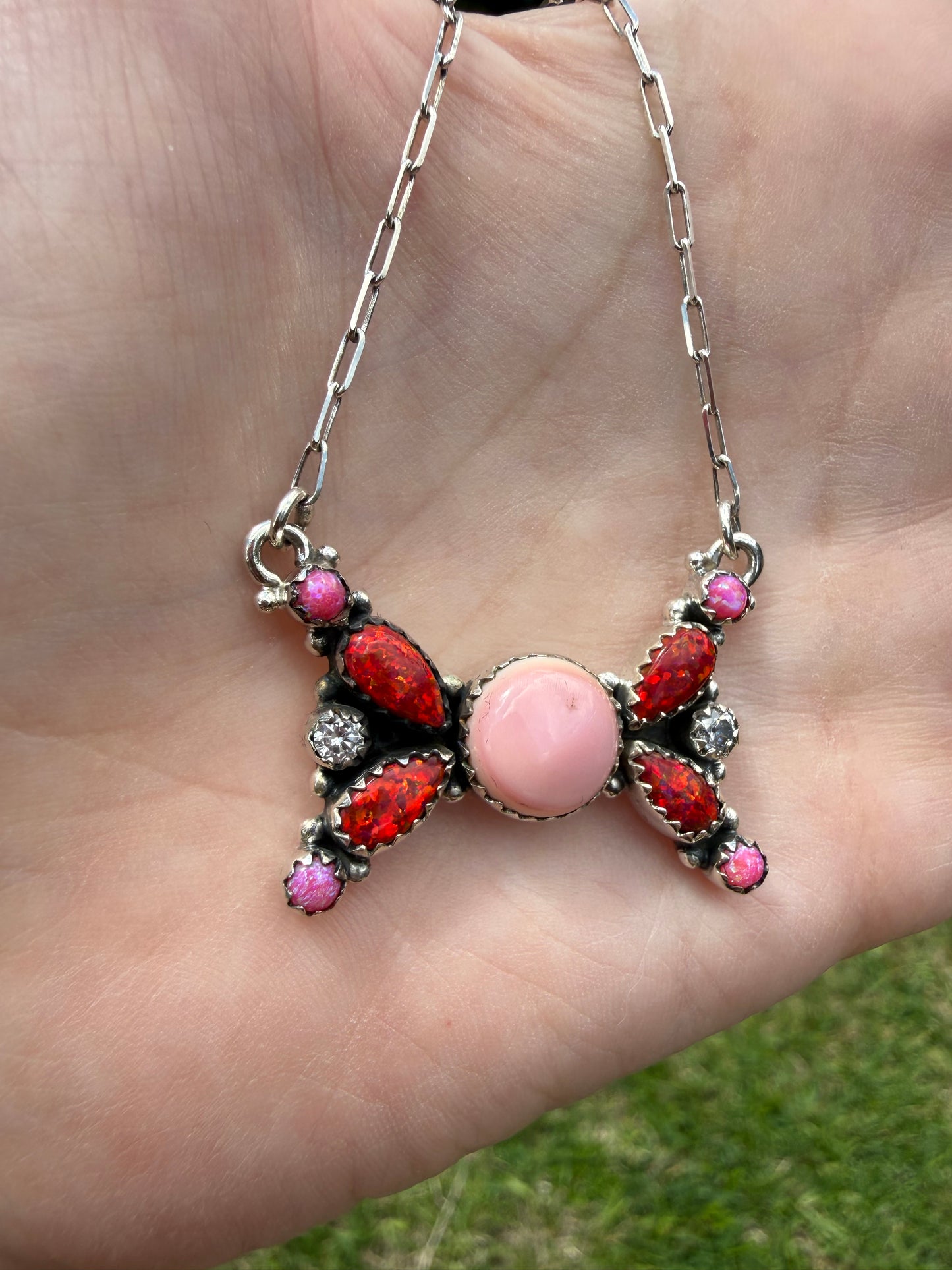 Pink Conch, Red and Pink Balloon Opal Sterling Silver 925 Necklace