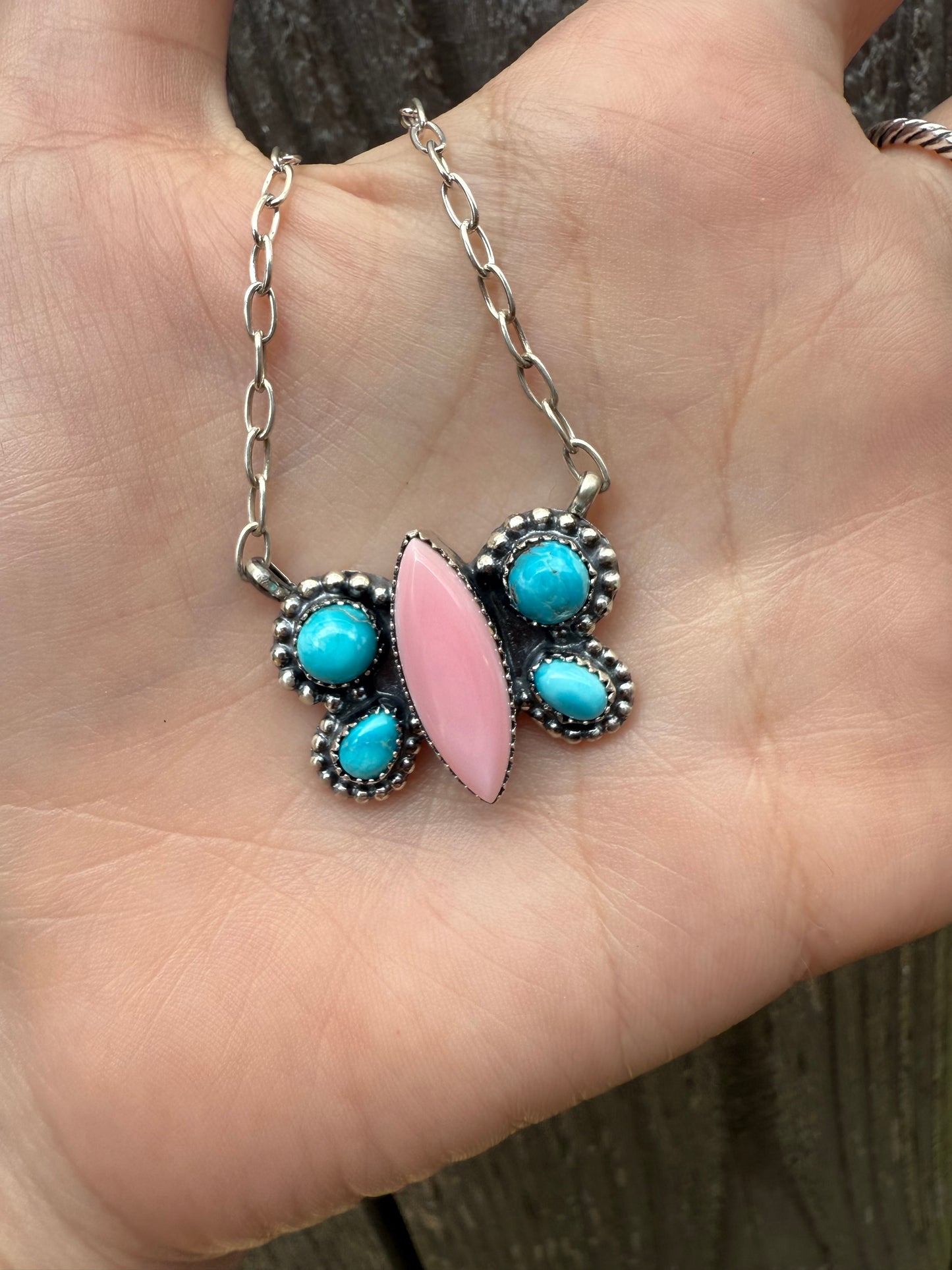 Pink Conch and Blue Bird Butterfly Necklace By Midwest Western Wear