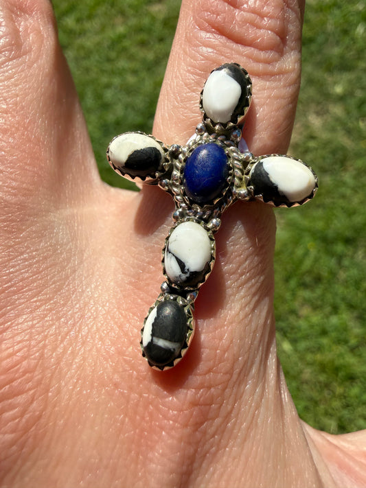 White Buffalo and Blue Lapis Sterling Silver Cross Adjustable Ring