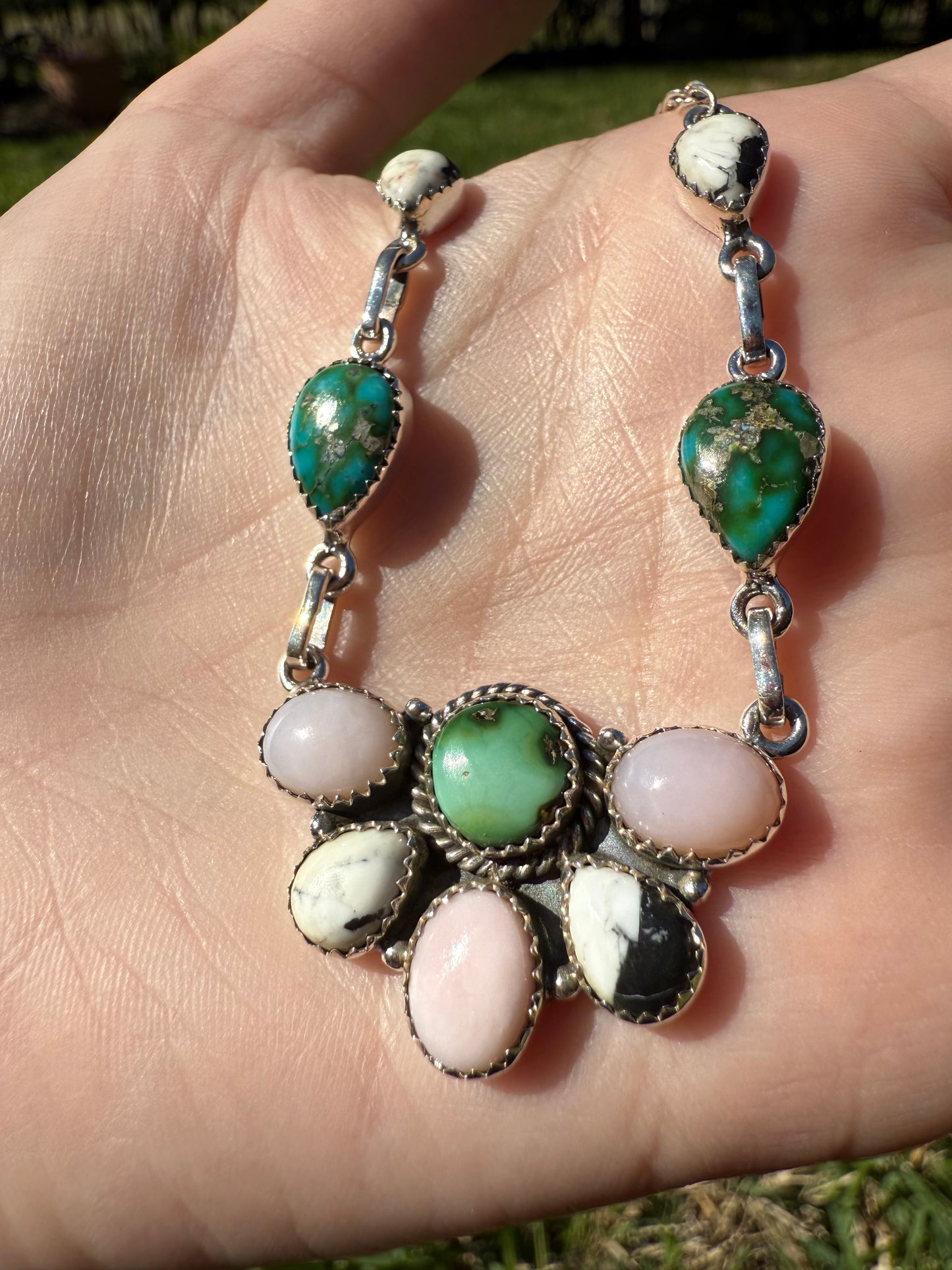 Sonoran Gold Turquoise, Pink Opal, White Buffalo Sterling Silver Necklace