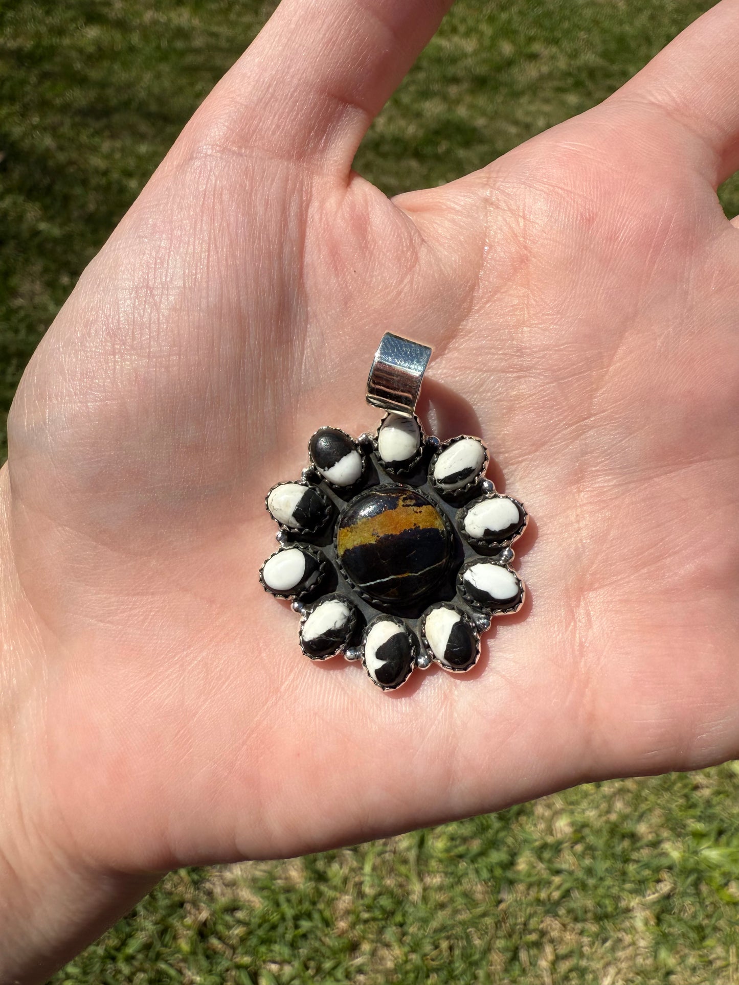 Blackjack And White Buffalo Full Flower Cluster Sterling Silver Pendant