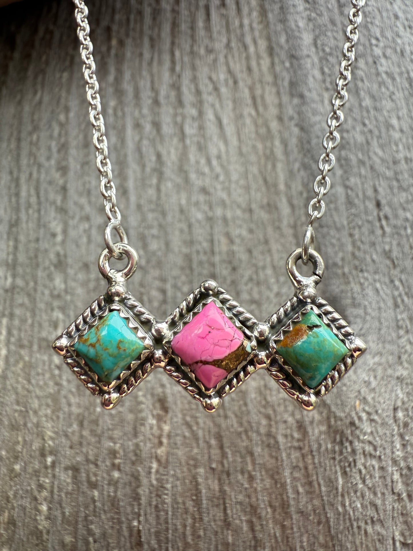 Cotton Candy And Turquoise Diamond Bar Necklace