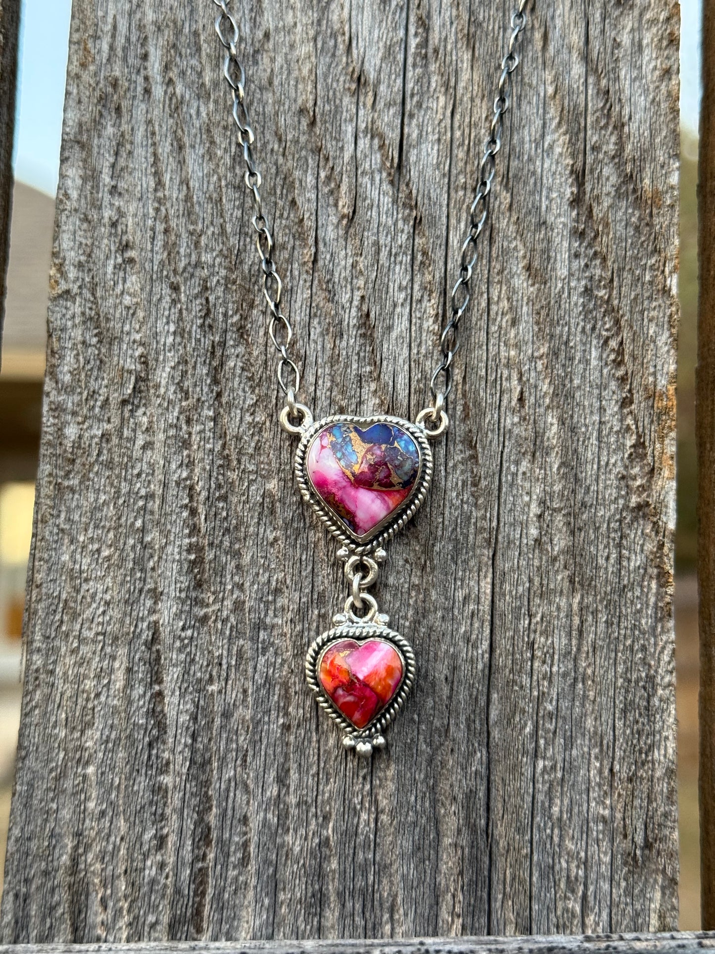 Pink Dahlia Heart Pendant Necklace with Pink and Orange Stones 925 Sterling Silver