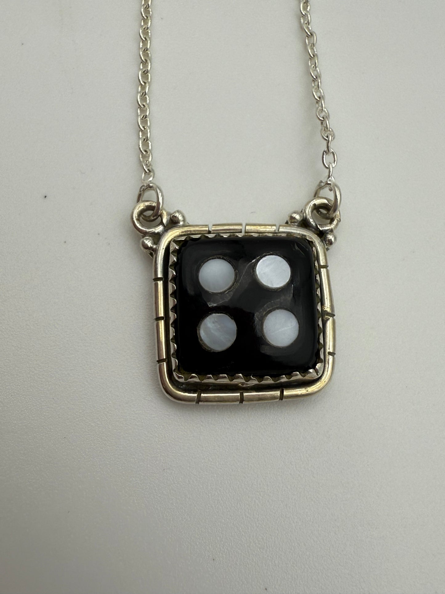 Black Onyx And Mother of Pearl Sterling Silver Dice Necklace