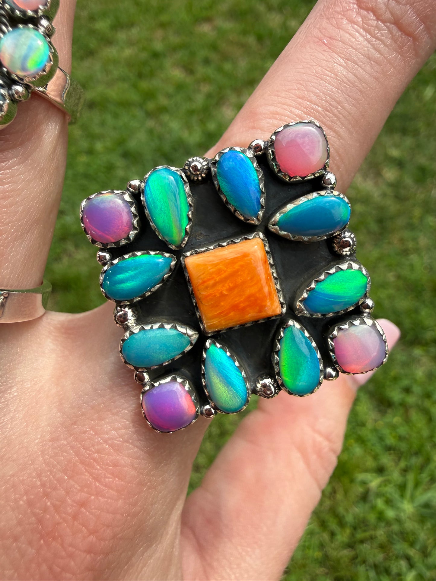 Orange Spiny and Balloon Opal Adjustable Sterling Silver Ring