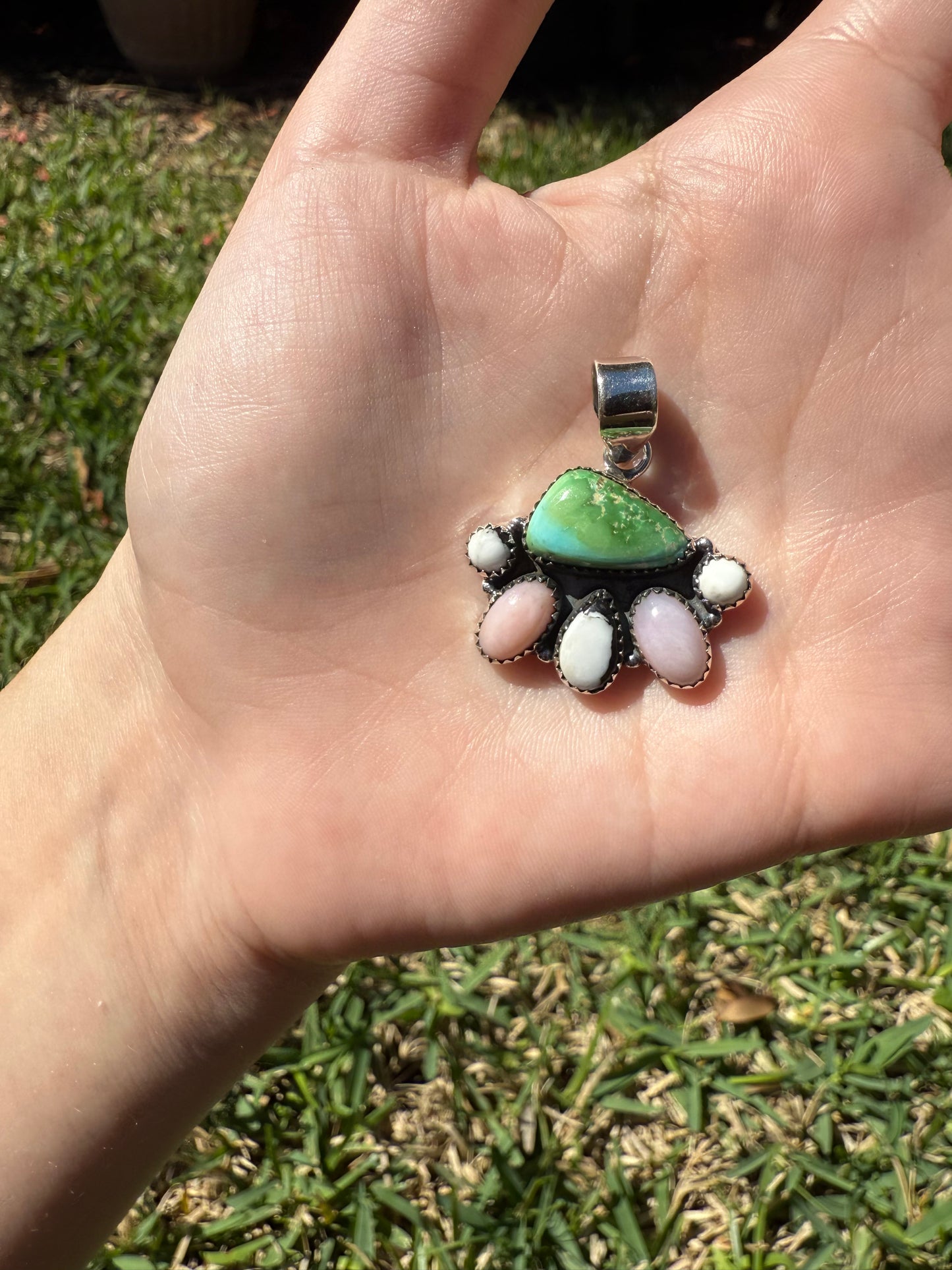 Sonoran Gold Turquoise, White Buffalo, Pink Opal Sterling Silver Pendant