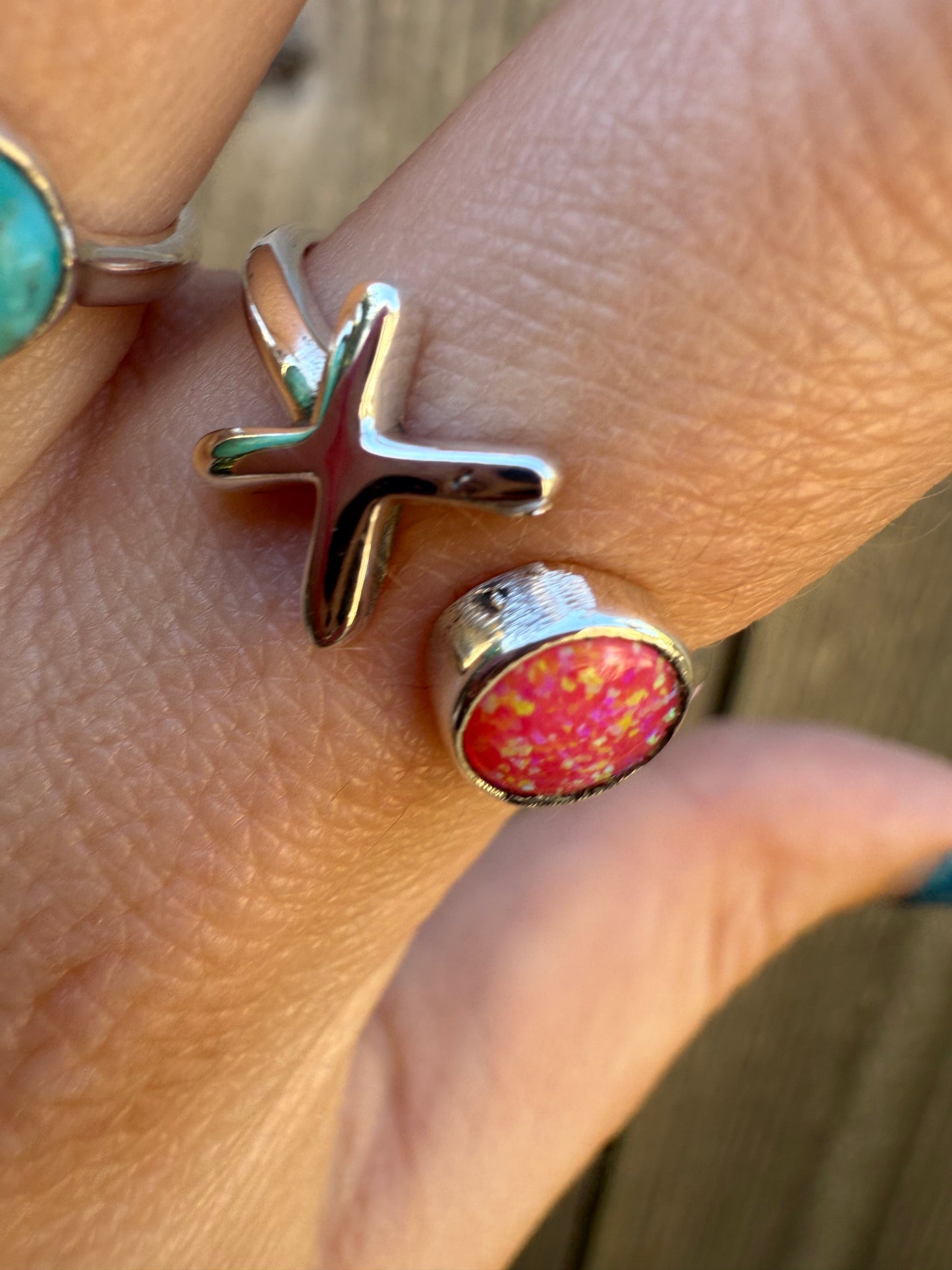 X and O Turquoise and Balloon Opal Sterling Silver Ring