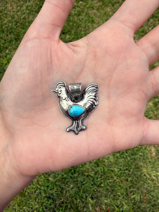 Rooster and Turquoise Sterling Silver Pendant
