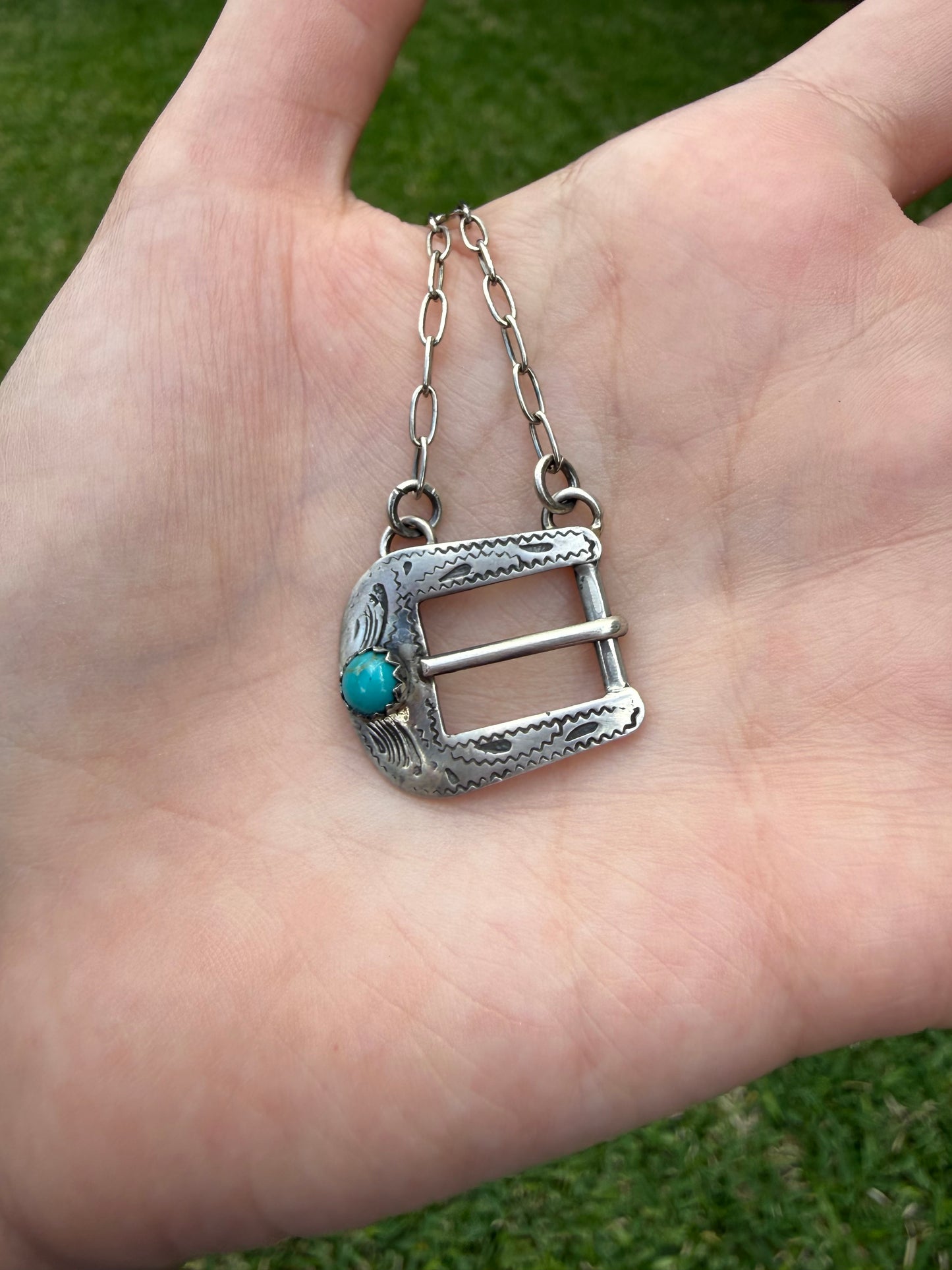 Navajo Turquoise Belt Buckle Sterling Silver Necklace