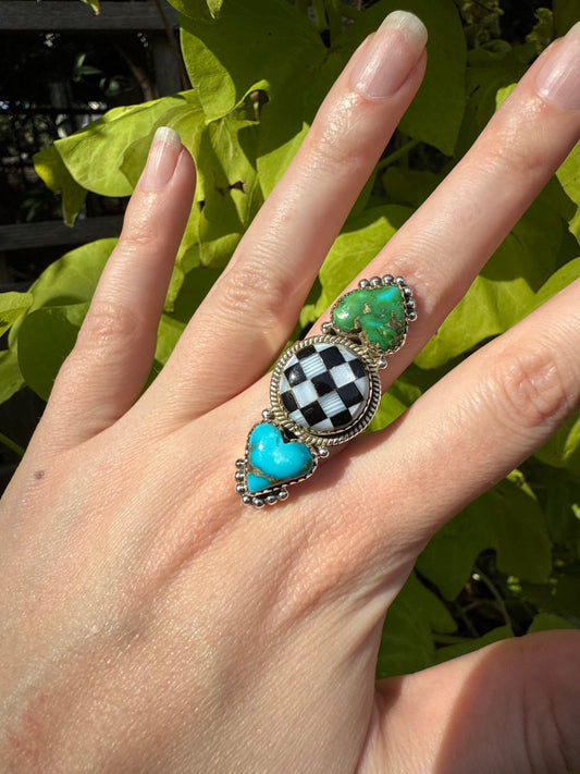 Sonoran Gold, Turquoise and Checkered Sterling Silver Adjustable Ring