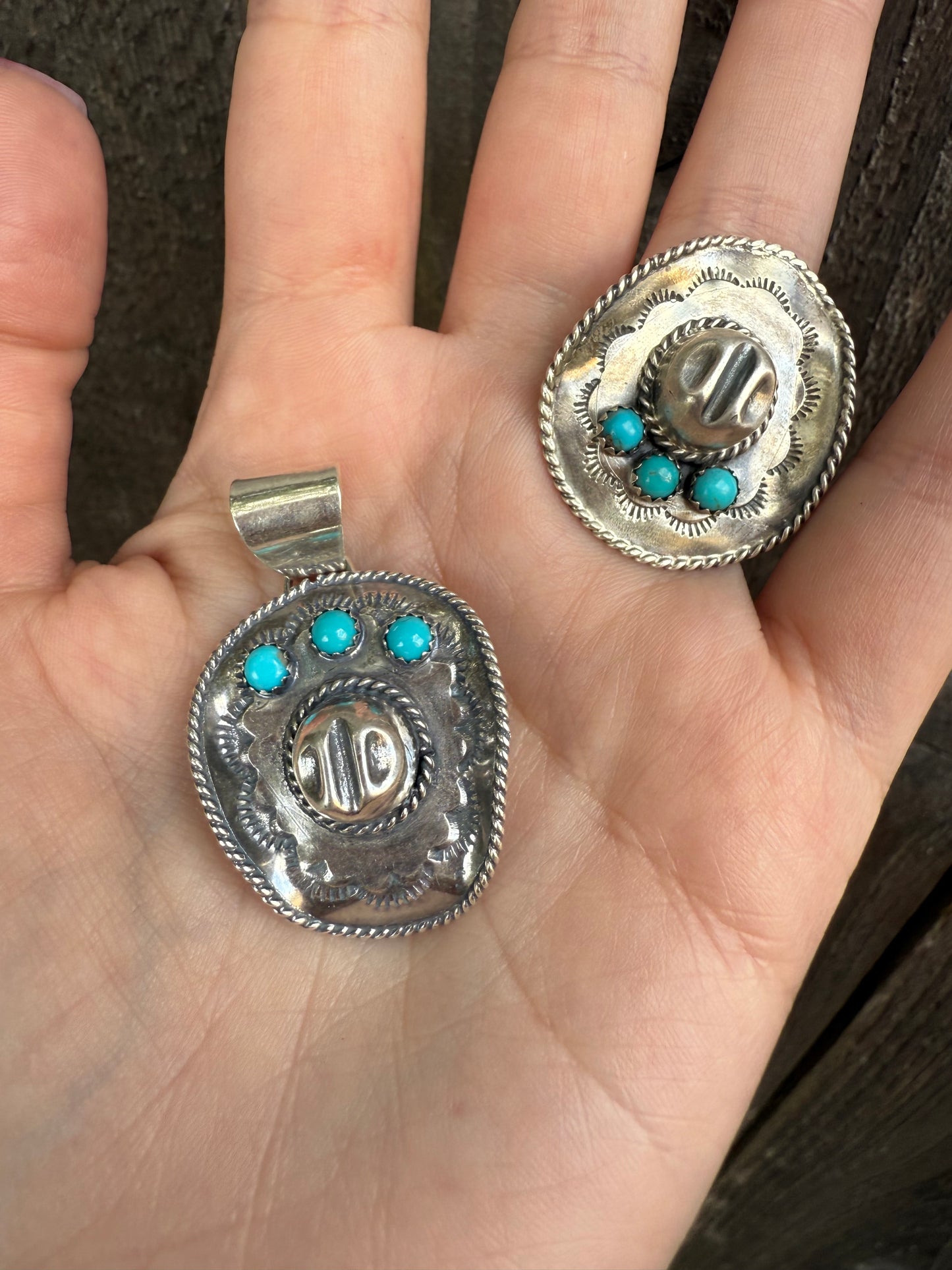 Navajo Turquoise Cowboy Hat By Bobby Platero Sterling Silver Pendant and Ring