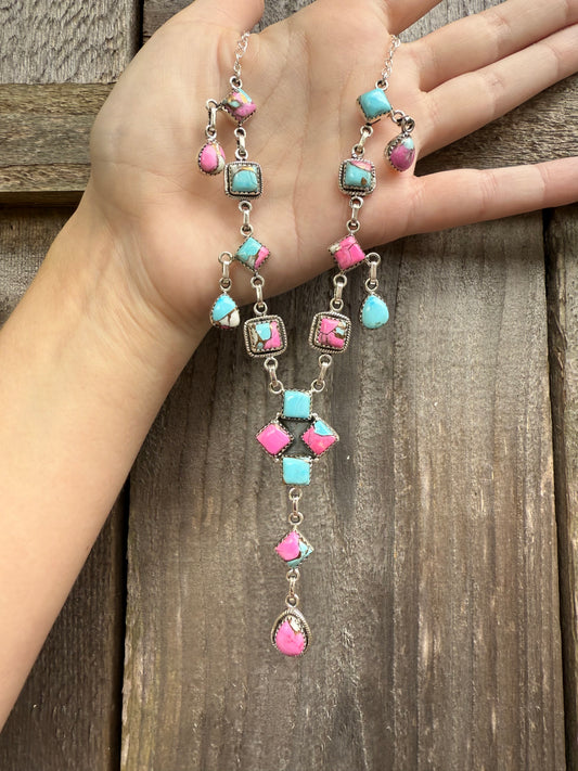 Cotton Candy Turquoise Statement Diamond Drop Lariat Sterling Silver Necklace