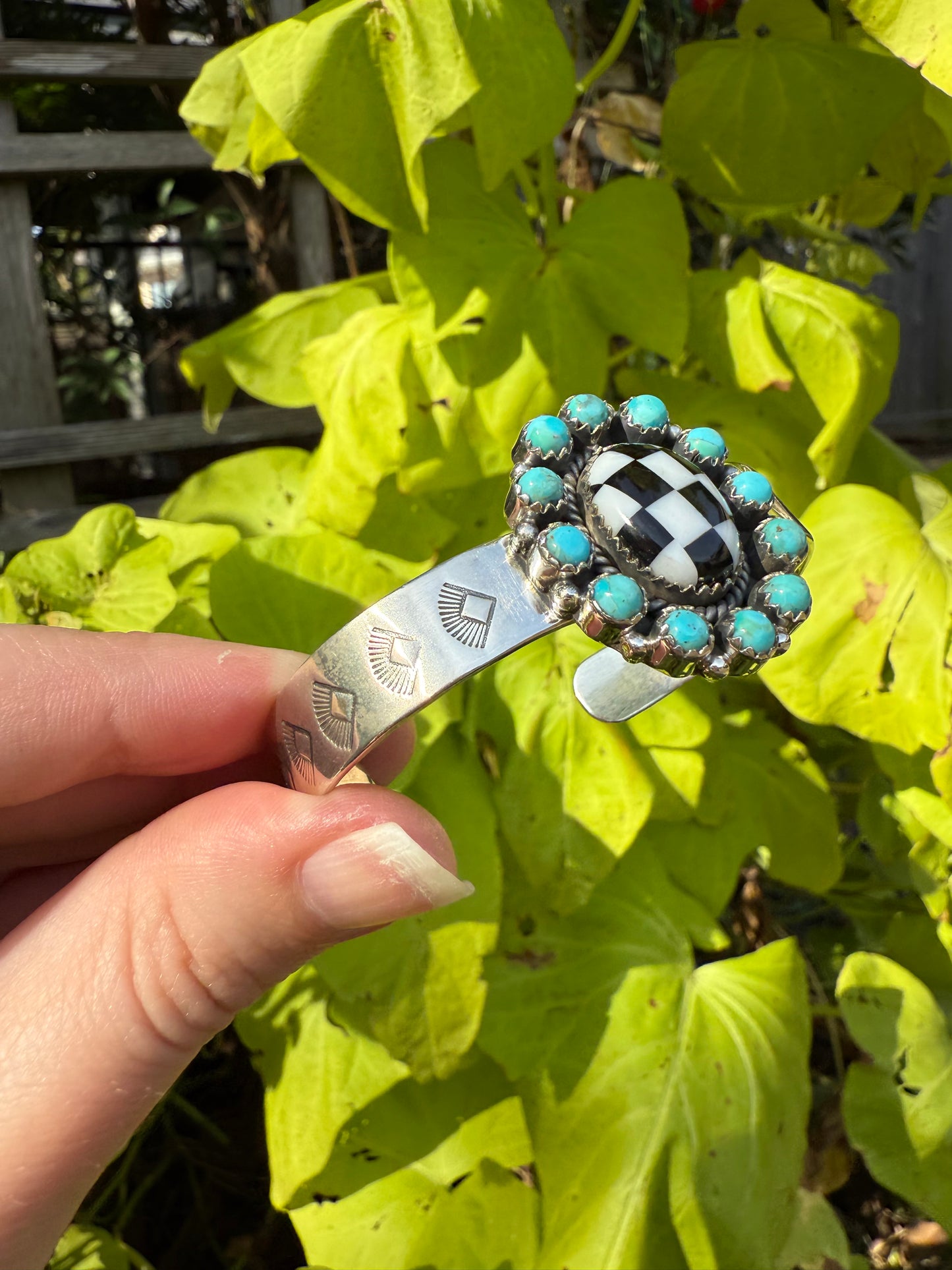 Turquoise and Checkered Flower Style Sterling Silver Cuff