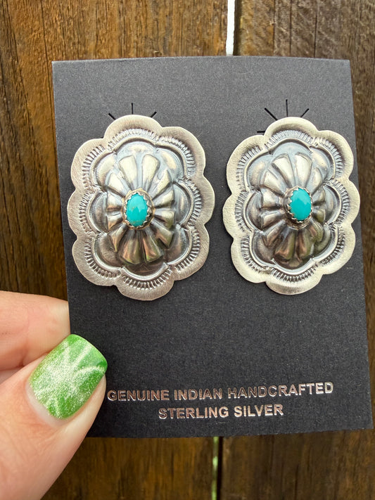 Navajo Turquoise Concho Sterling Silver Earrings By Lavina Benally