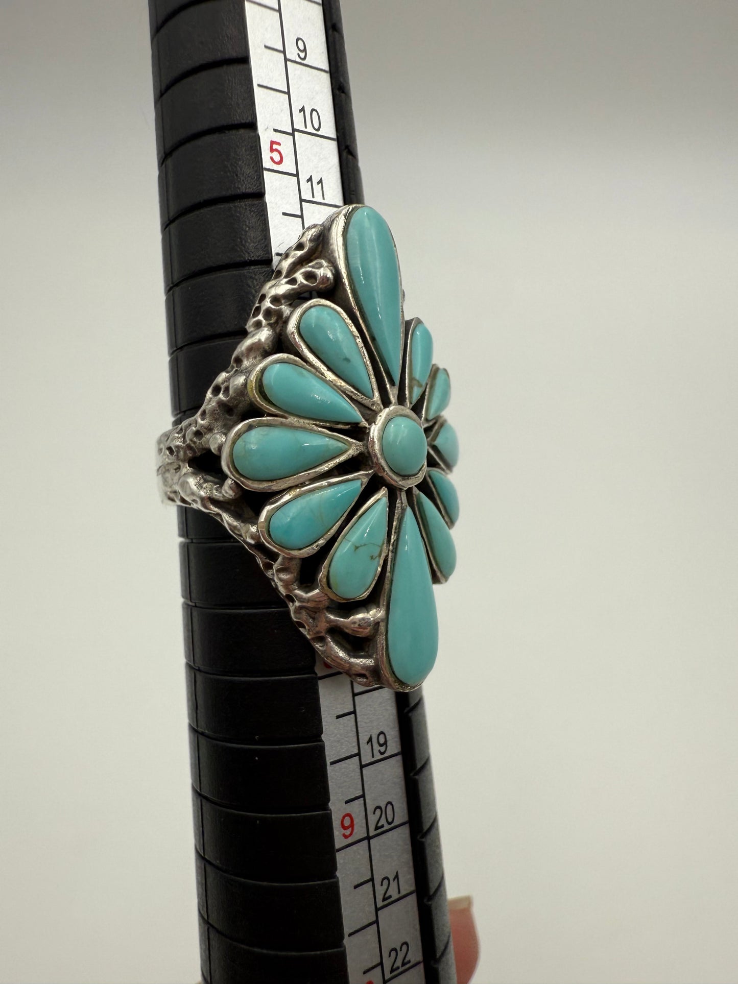 Inlayed Turquoise Statement Flower Sterling Silver Ring - Size 7 Adjustable