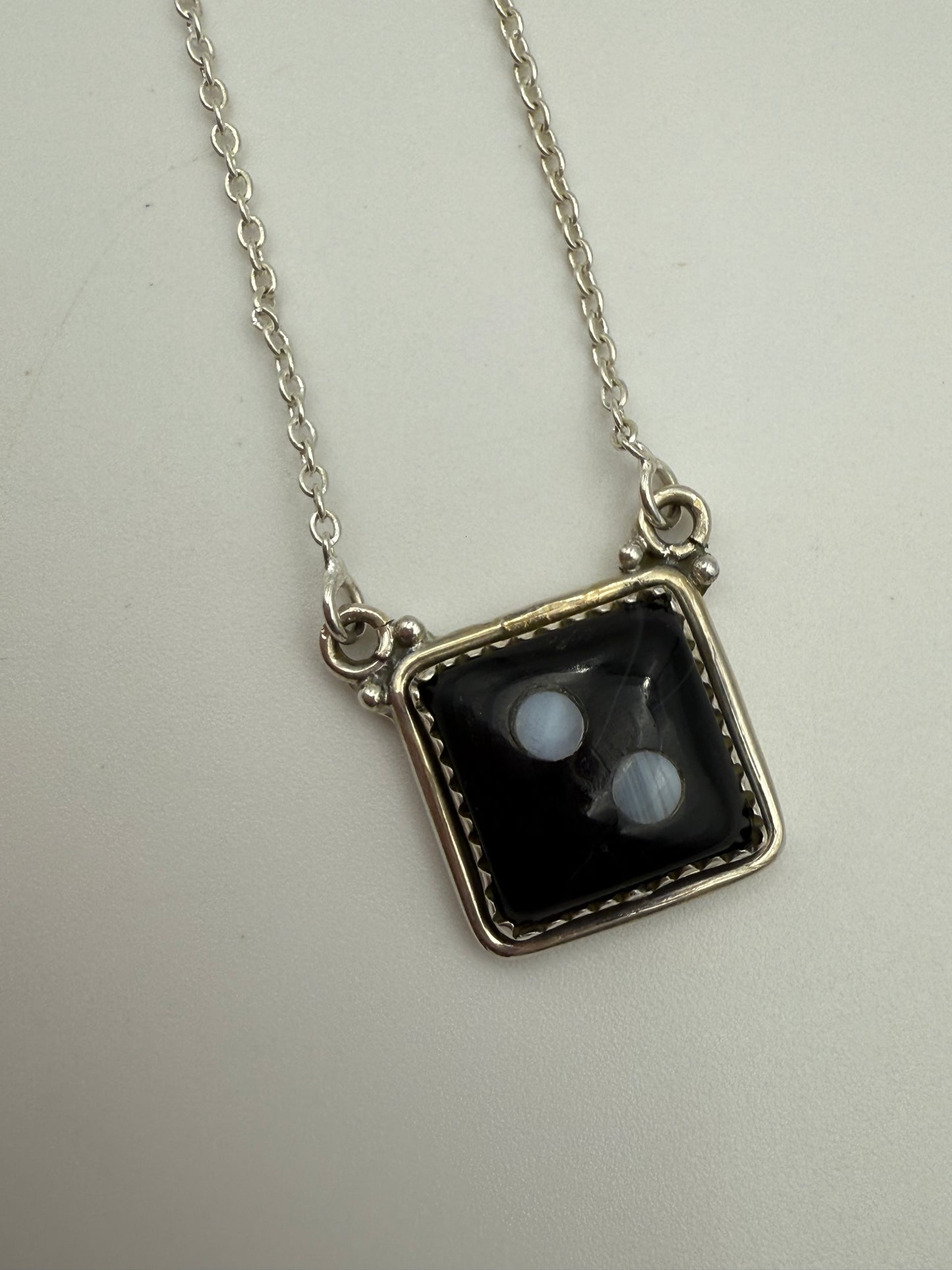 Black Onyx And Mother of Pearl Sterling Silver Dice Necklace