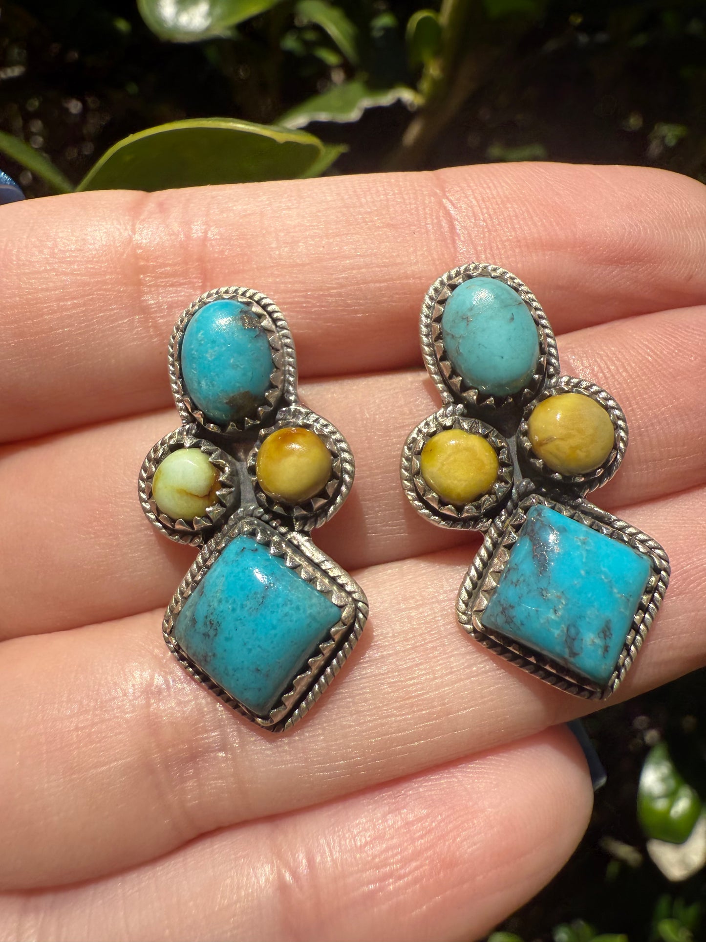 Palomino and Kingman Turquoise Sterling Silver Cluster Diamond Earrings