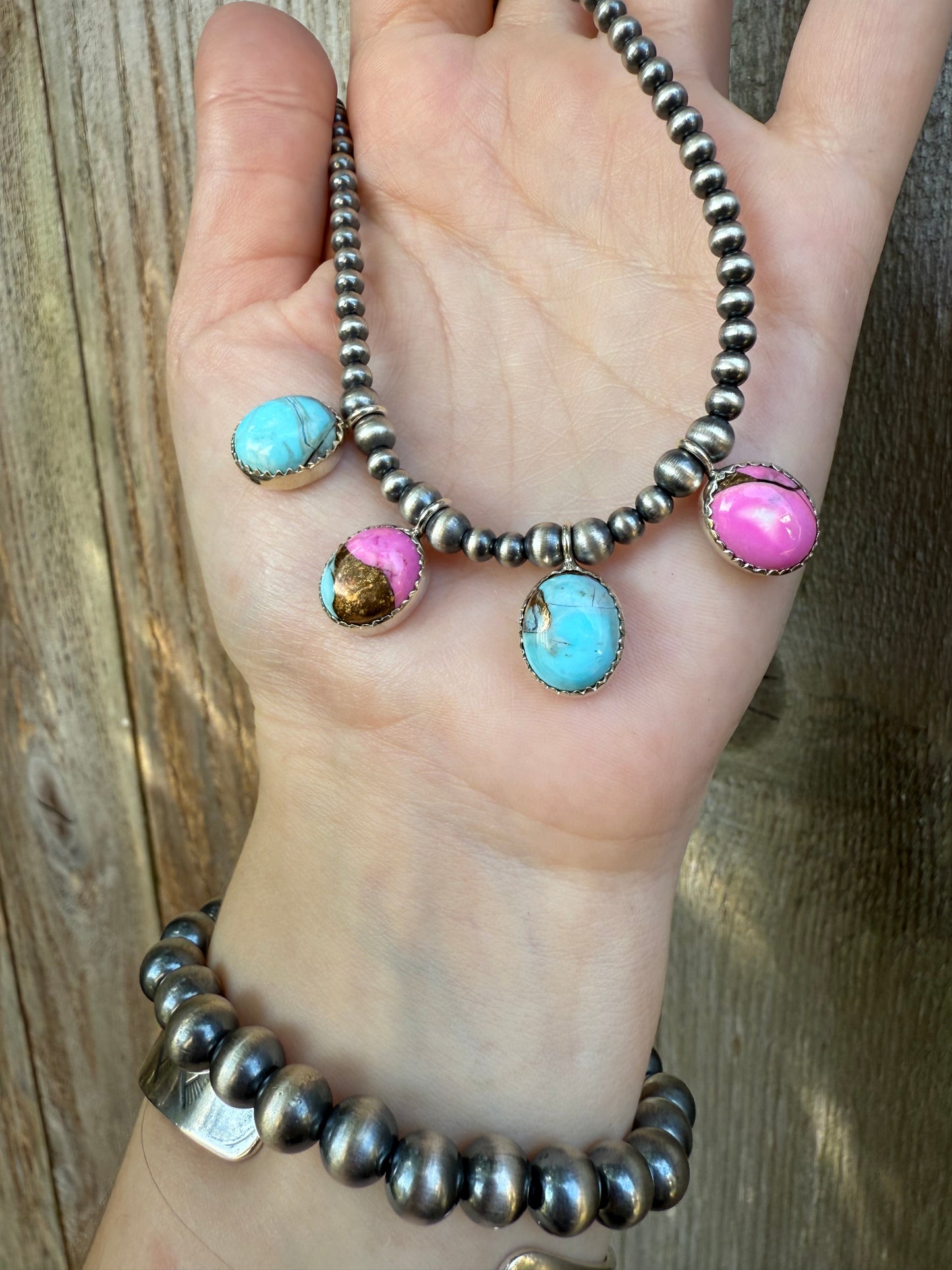 Cotton Candy Turquoise and Desert Pearl Sterling Silver Necklace