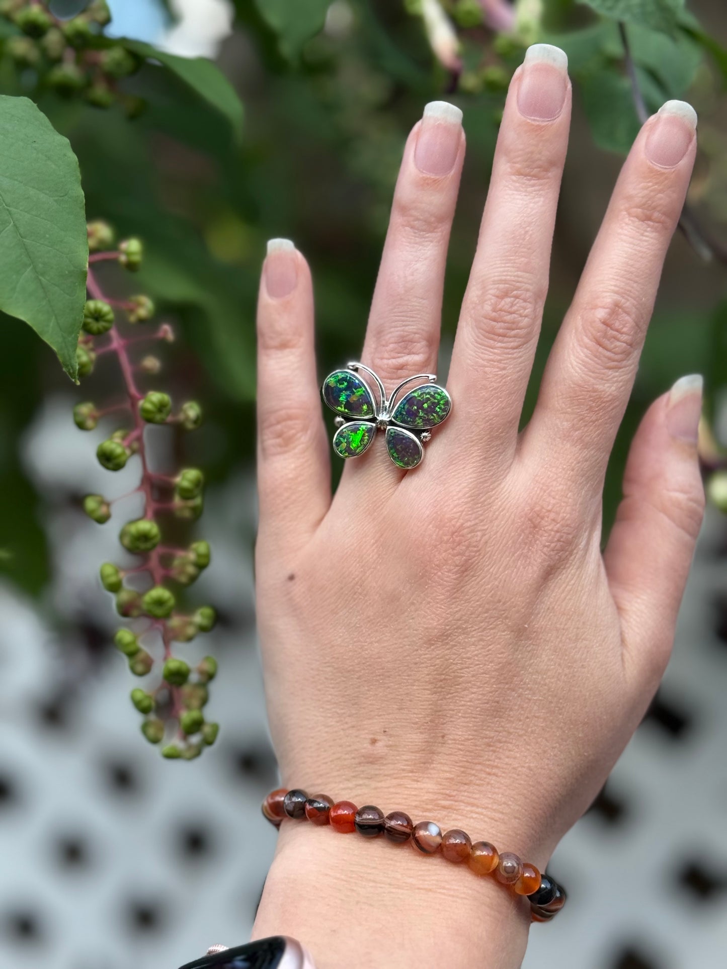 Green Balloon Opal Sterling Silver 925 Butterfly Ring