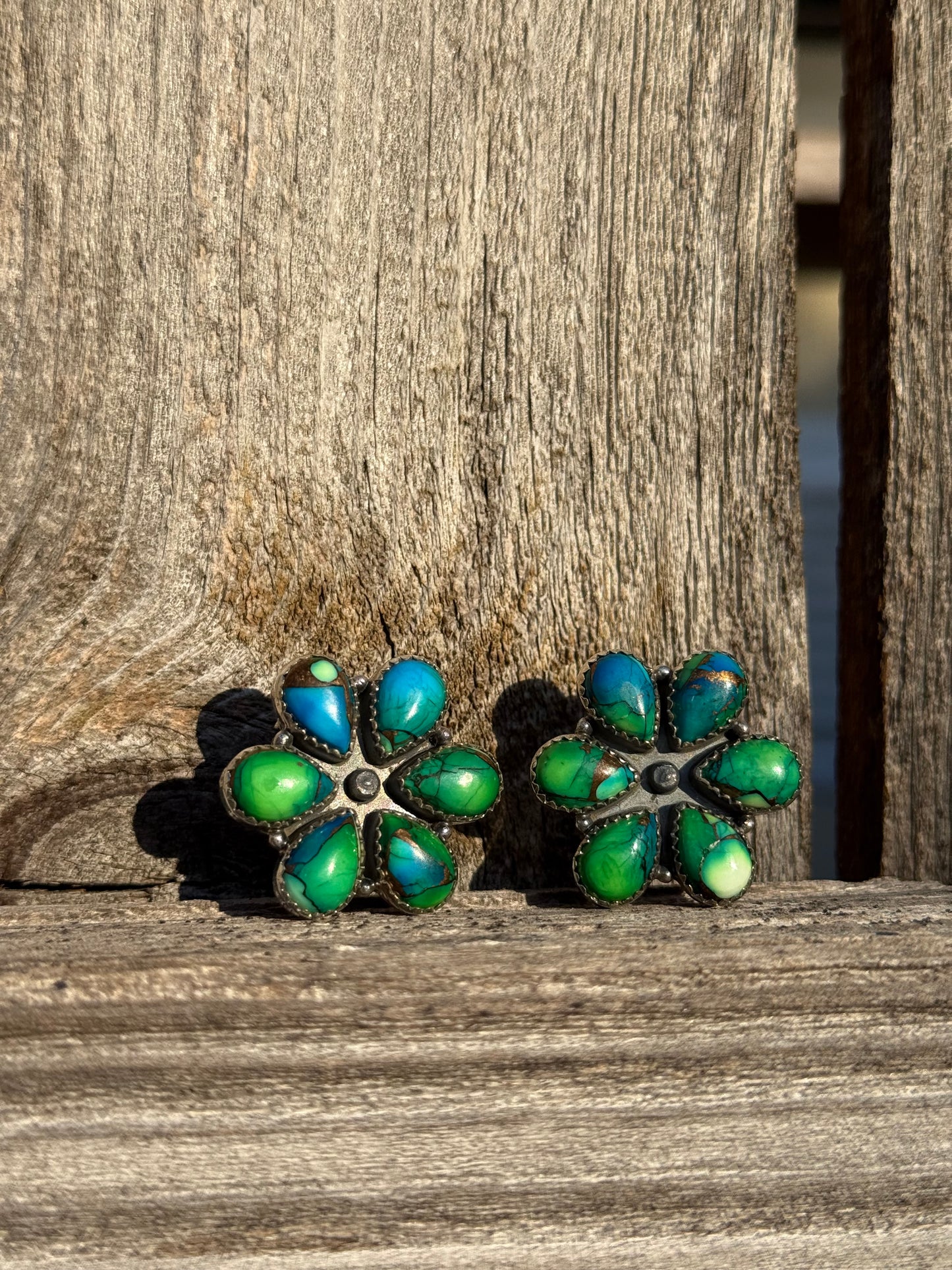 Peacock Dahlia Flower Green and Blue Sterling 925  Earrings