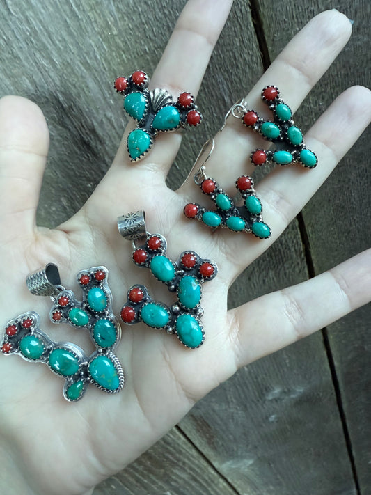 Kingman and Coral Cactus Sterling Silver Sterling Silver Pendant, Ring, and Earrings